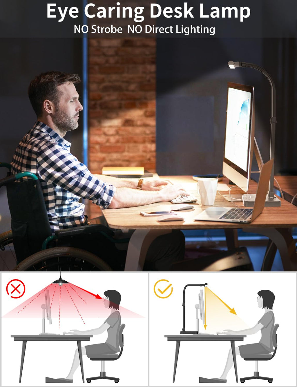 LED Desk Lamp for Office, Double Head 24W with Base, Architect Light 5 Lighting Brightness Flexible Gooseneck Table Reading Study, Black