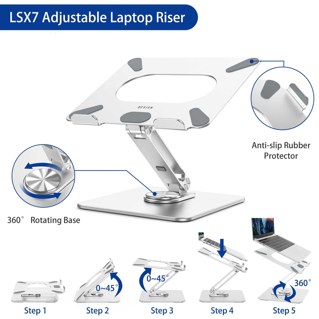 Laptop Stand with 360 Rotating Base, Ergonomic Adjustable Notebook Riser, Foldable Computer Holder Compatible with 10-15.6" Laptops (Silver)