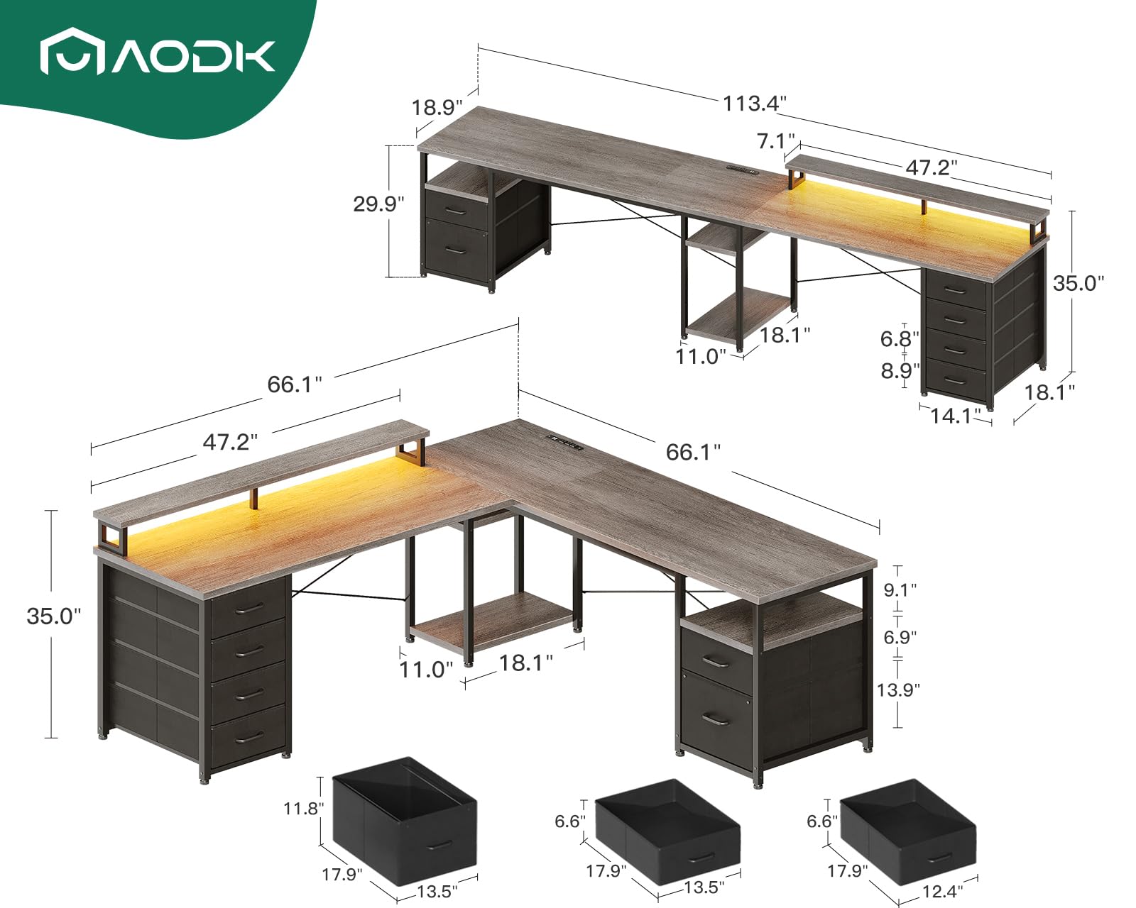 66" L Shaped Desk, 113" Computer Desk with File Cabinet & 4 Fabric Drawers, Home Office Desk with Monitor Shelf & Power Outlet, Two Person Desk or Corner Desk, Gaming Table with LED Light, Grey