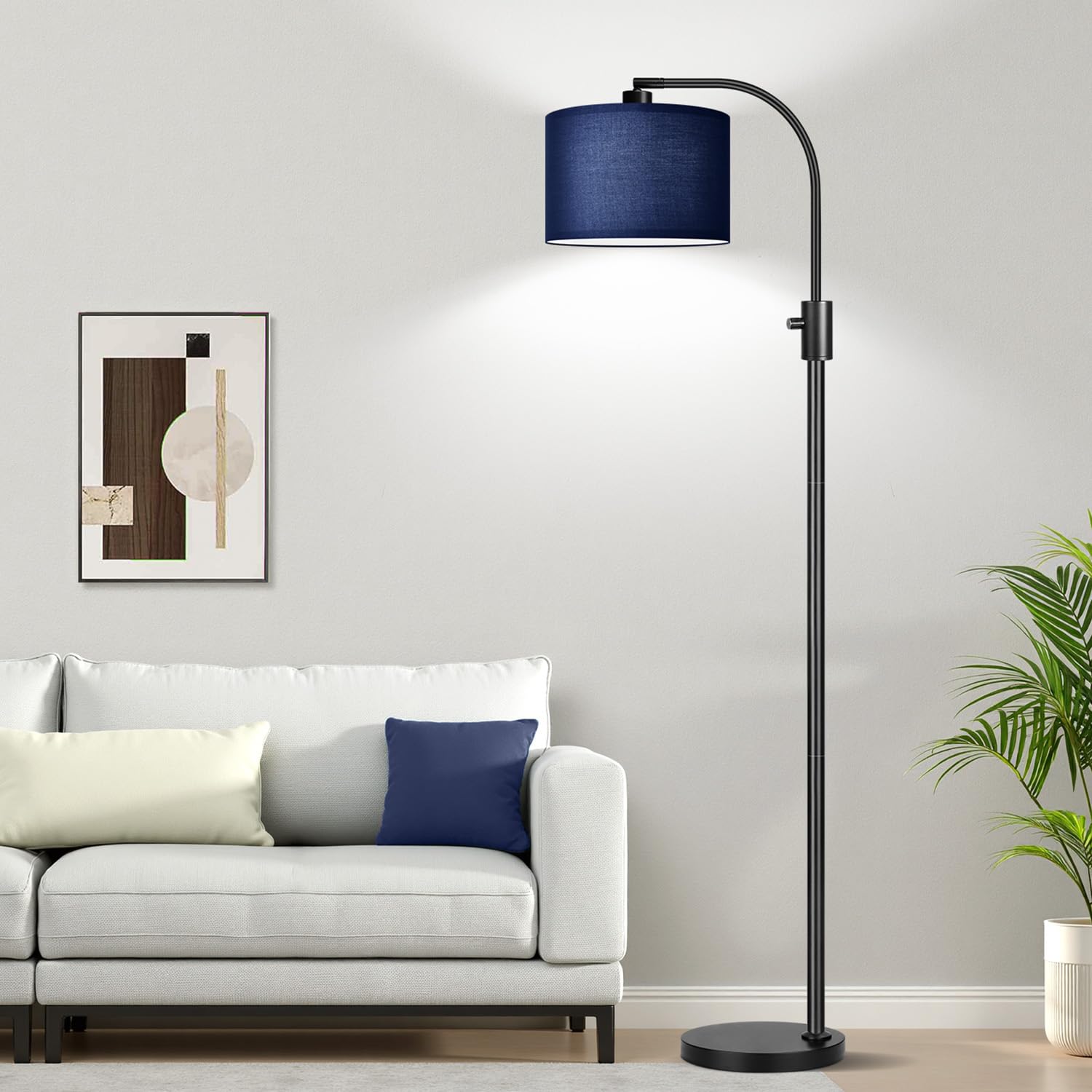Upgraded Modern Arc Dimmable Tall Standing Floor Lamp with Blue Shade, 1200 Lumens LED Bulb Included, for Living & Reading Room, Bedroom, Office & Nursery, Black
