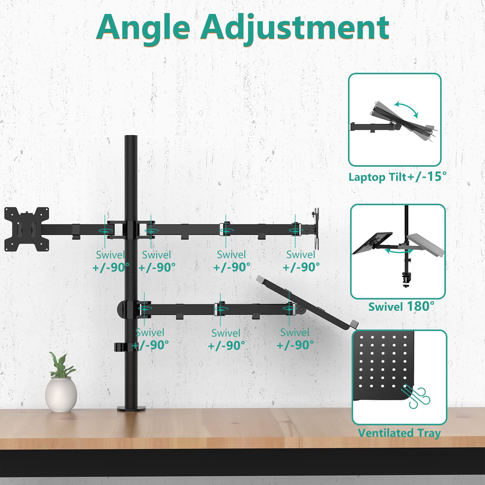Triple Arm Laptop and Dual Monitor Desk Mount for 17" Notebook and Up to 27" Screens, Extra Tall Adjustable Monitor Stand with Laptop Tray, VESA 75x75 100x100, Black