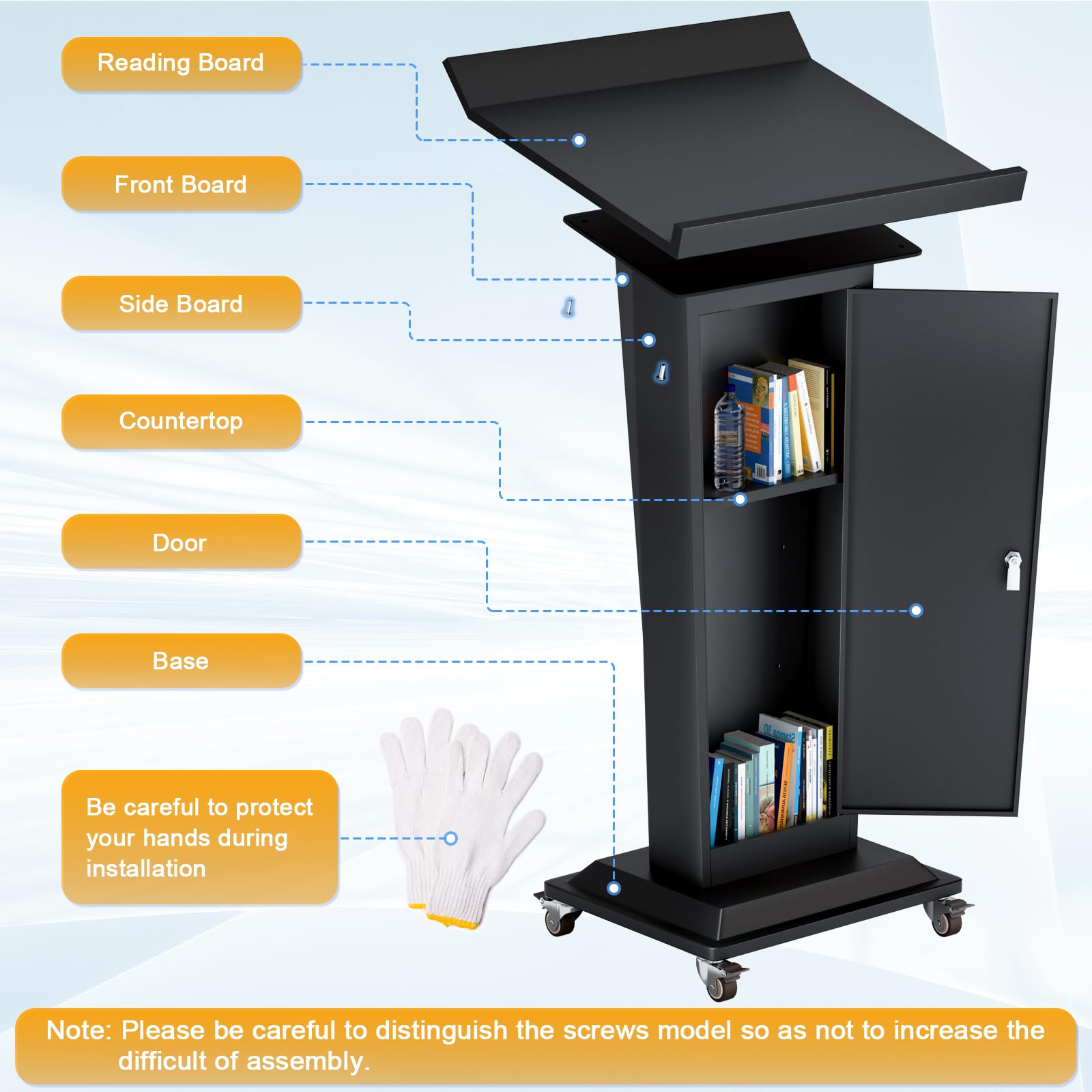 Ultral 45.3IN Podium Lectern with Wheels, Iron Pulpit for Churches Stand with Lockable Double-Layer Storage, Modern Metal Pulpits Lectern for Classroom, Conference, Presentation,Wedding