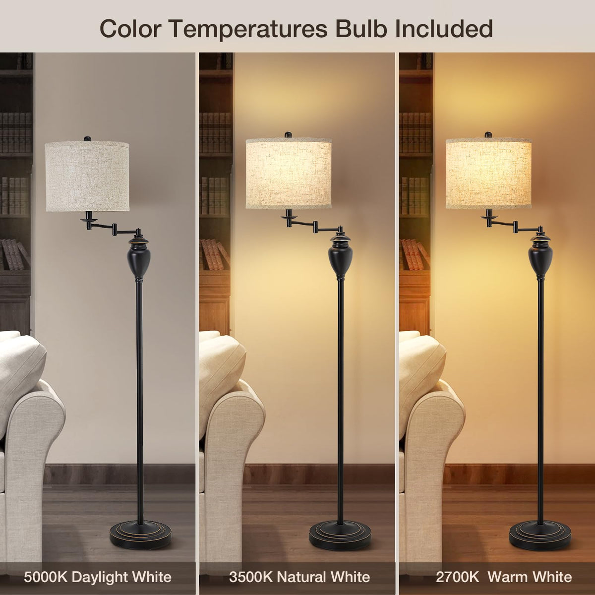 Floor Lamp for Living Room, Color Temperature 350° Adjustable Swing Arm Lamp Vintage Standing Lamp Traditional Farmhouse Standing Lamp Tall Lamp for Bedroom Office Home Nursery Study Room Hotel