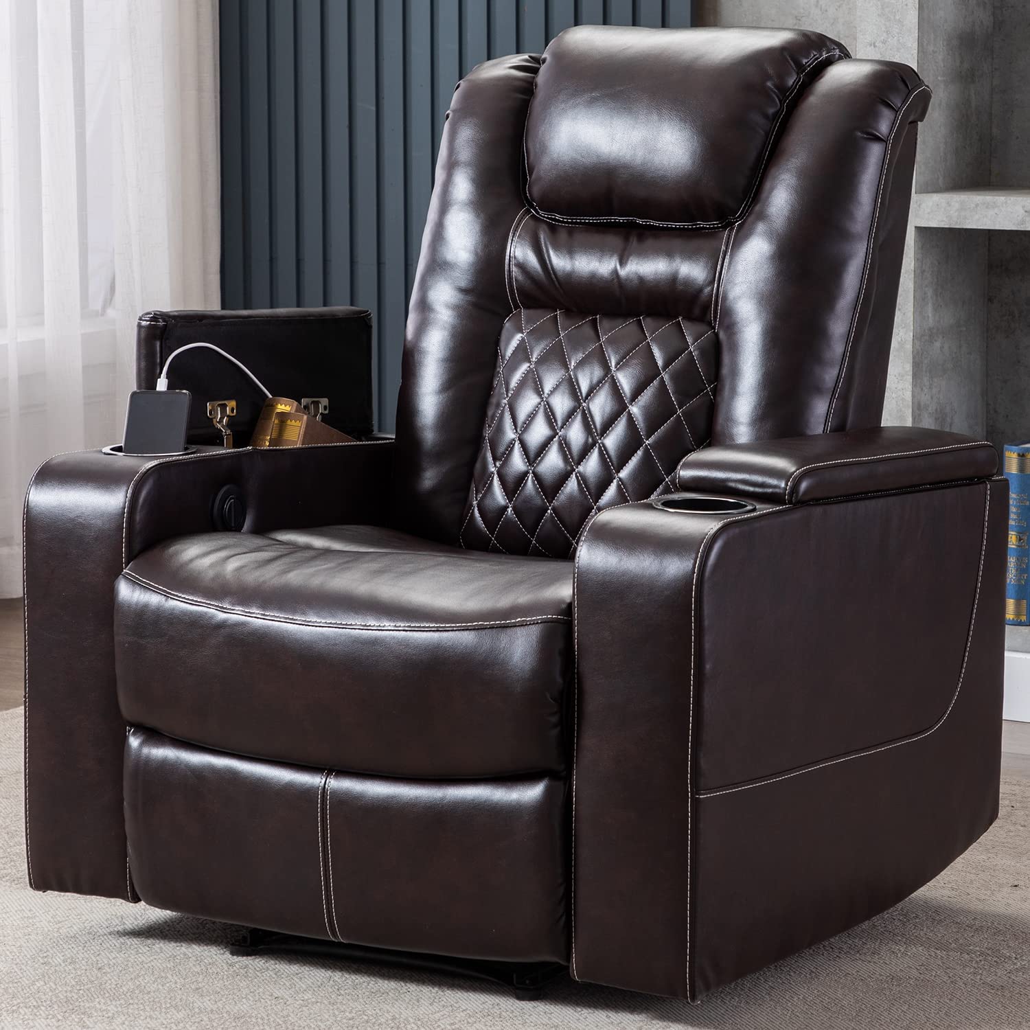 Electric Power Recliner Chair with USB Ports and Cup Holders, Breathable Leather Seating with Hidden Arm Storage (Brown)