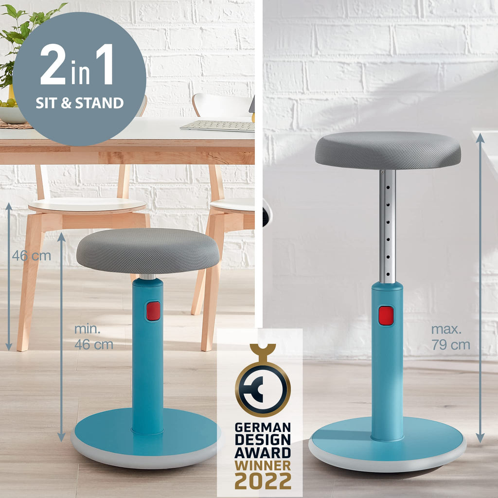 Sit Stand Stool, Ergonomic Height Adjustable 46cm to 79cm Wobble Stool, Round Swivel Office Desk Chair/Stool, Ergo Cosy Range, Calm Blue