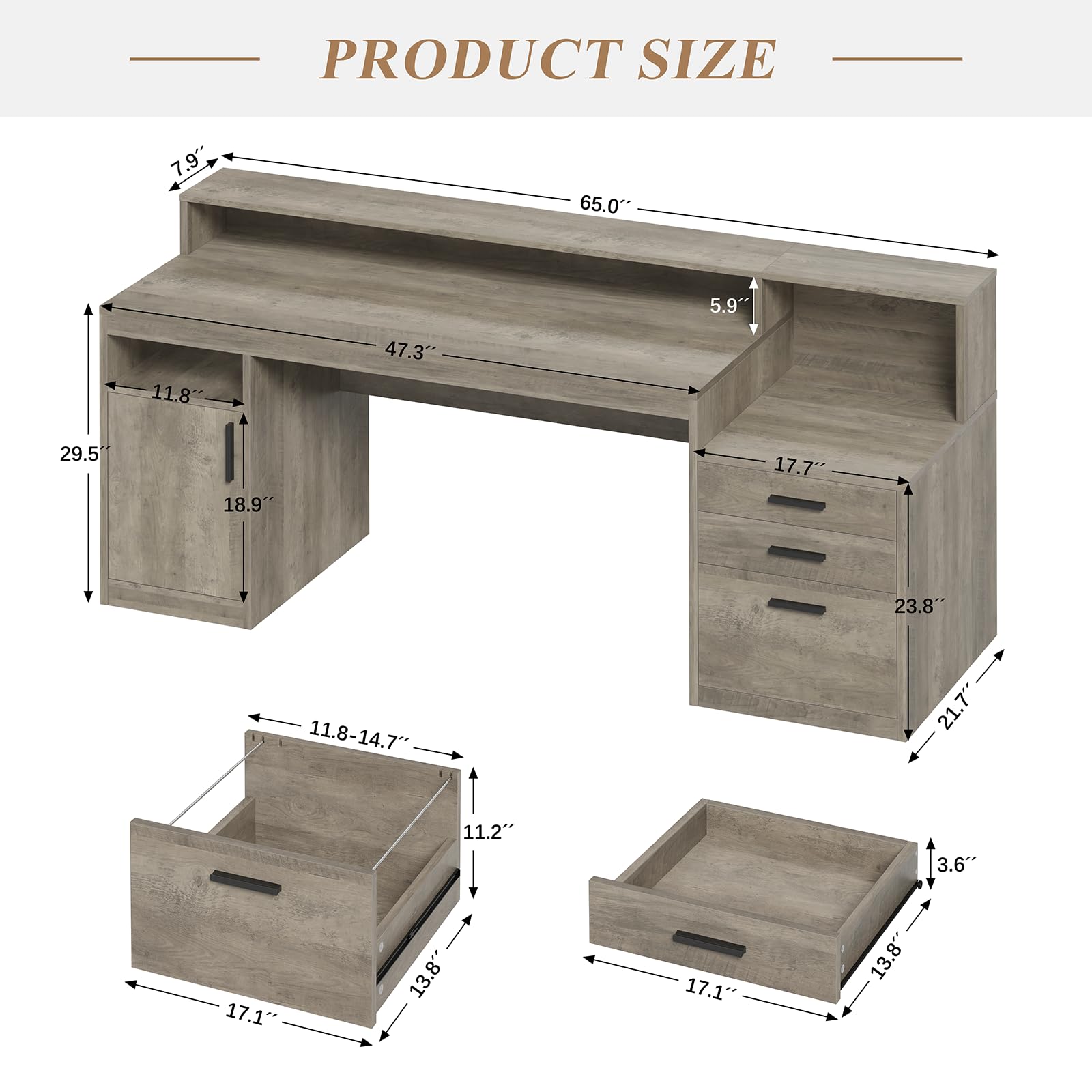 Computer Desk with 3 Drawers & Storage Shelves, 65 Inch Home Office Desk with File Drawer & Cabinet, Writing Study Desks with Monitor Stand & Printer Shelf, Executive Desk, Grey