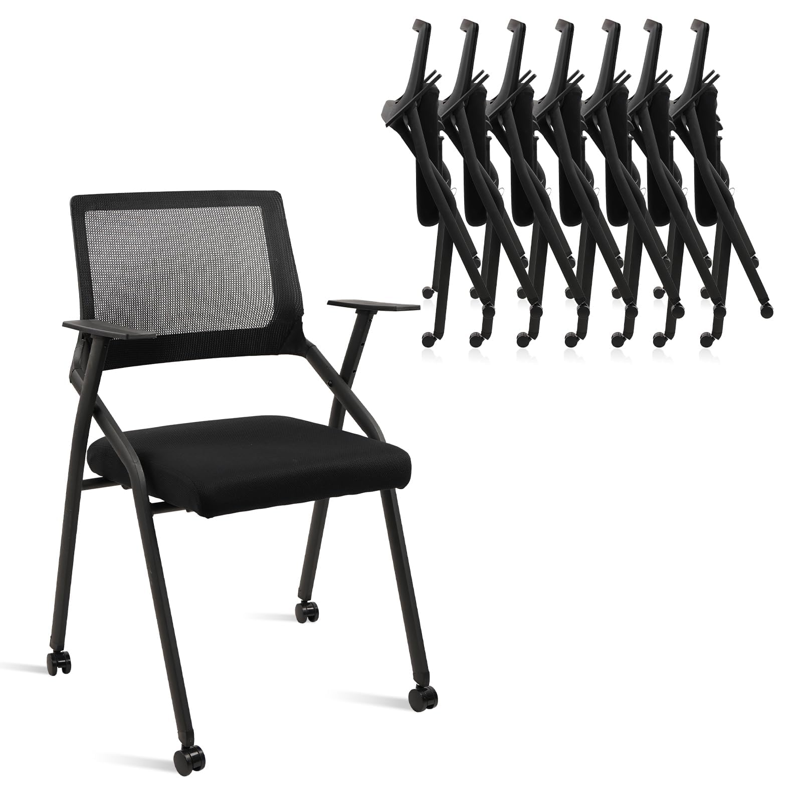 Black (8 pk) Ergonomic Stackable & Foldable Conference Room Chairs, Mesh Office Chair with Arms and Wheels for Office Waiting Room Meeting Lobby Church School Receptions and Training