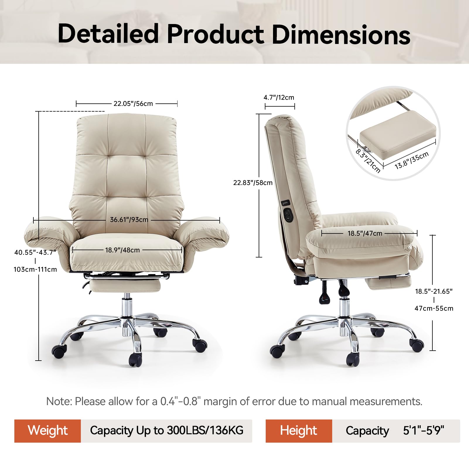 Heated and Massage Office Chair with Foot Rest Criss Cross Chair with Wheels and Flip-up Arms Reclining Desk Chair Comfy Wide Seat PU Leather Rolling Computer Home Office Chair (Beige)