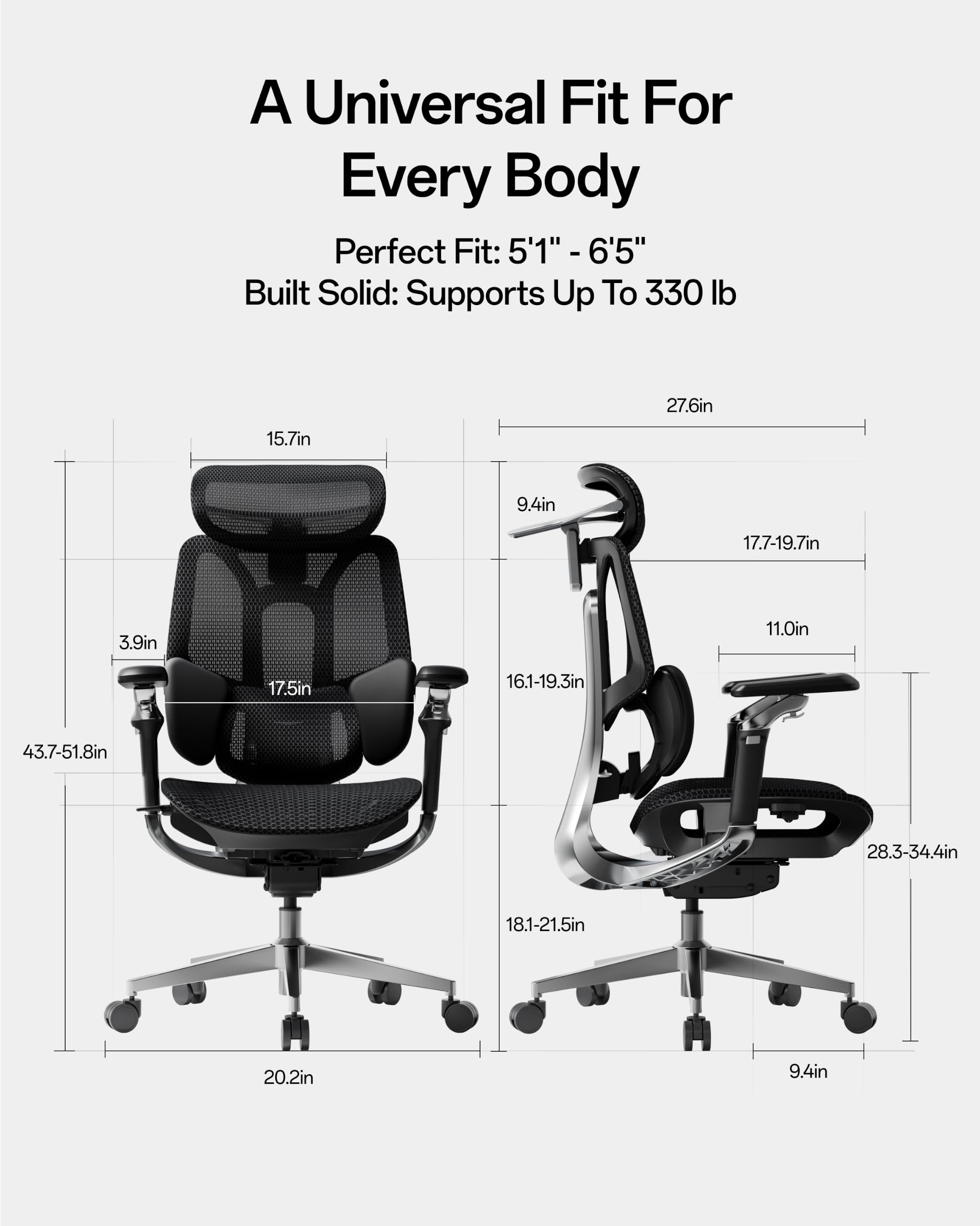 E3 Pro 2026 Edition Ergonomic Office Chair, Mesh Desk Chair with 3-Zone Floating Lumbar Support, Upgraded 4D Headrest, 720° Armrests, Black
