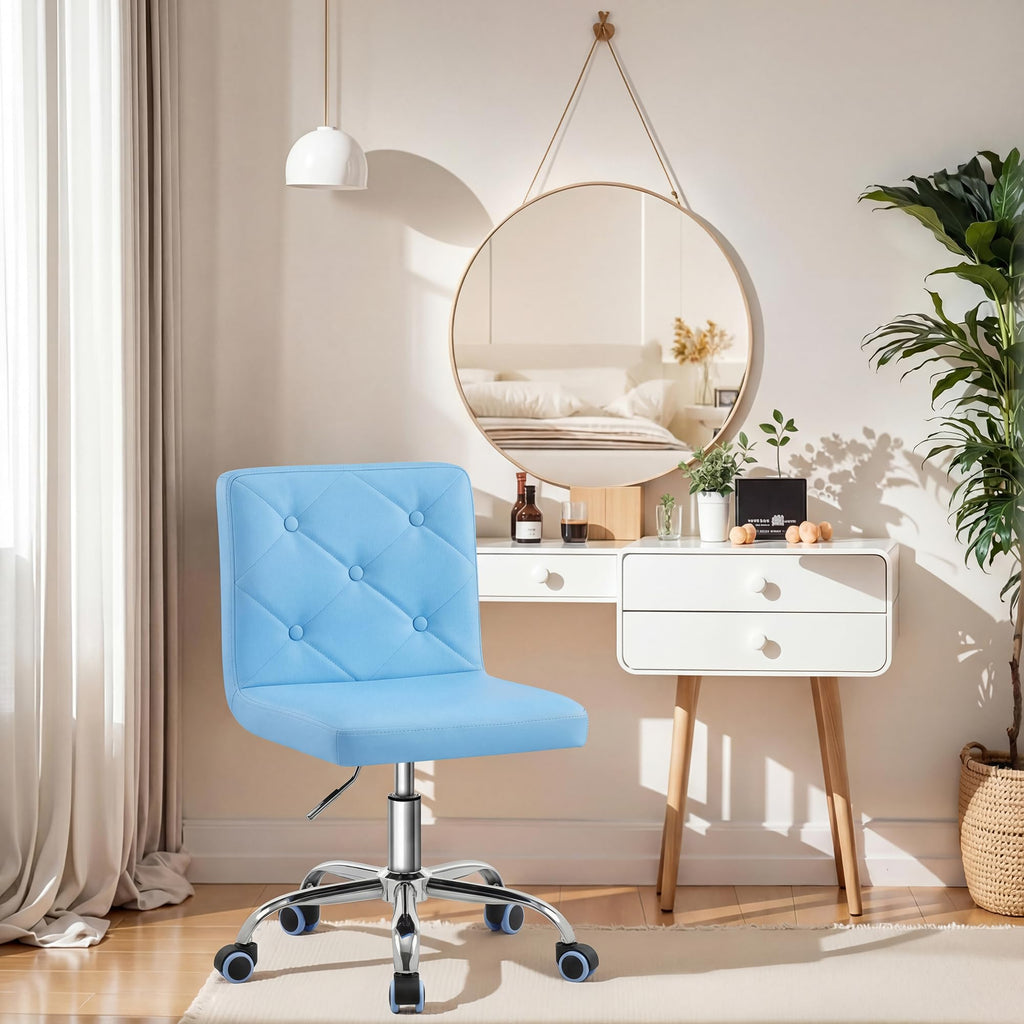 PU Leather Mid-Back Armless Vanity Chair Adjustable Height 360° Rolling Swivel for Office Work
