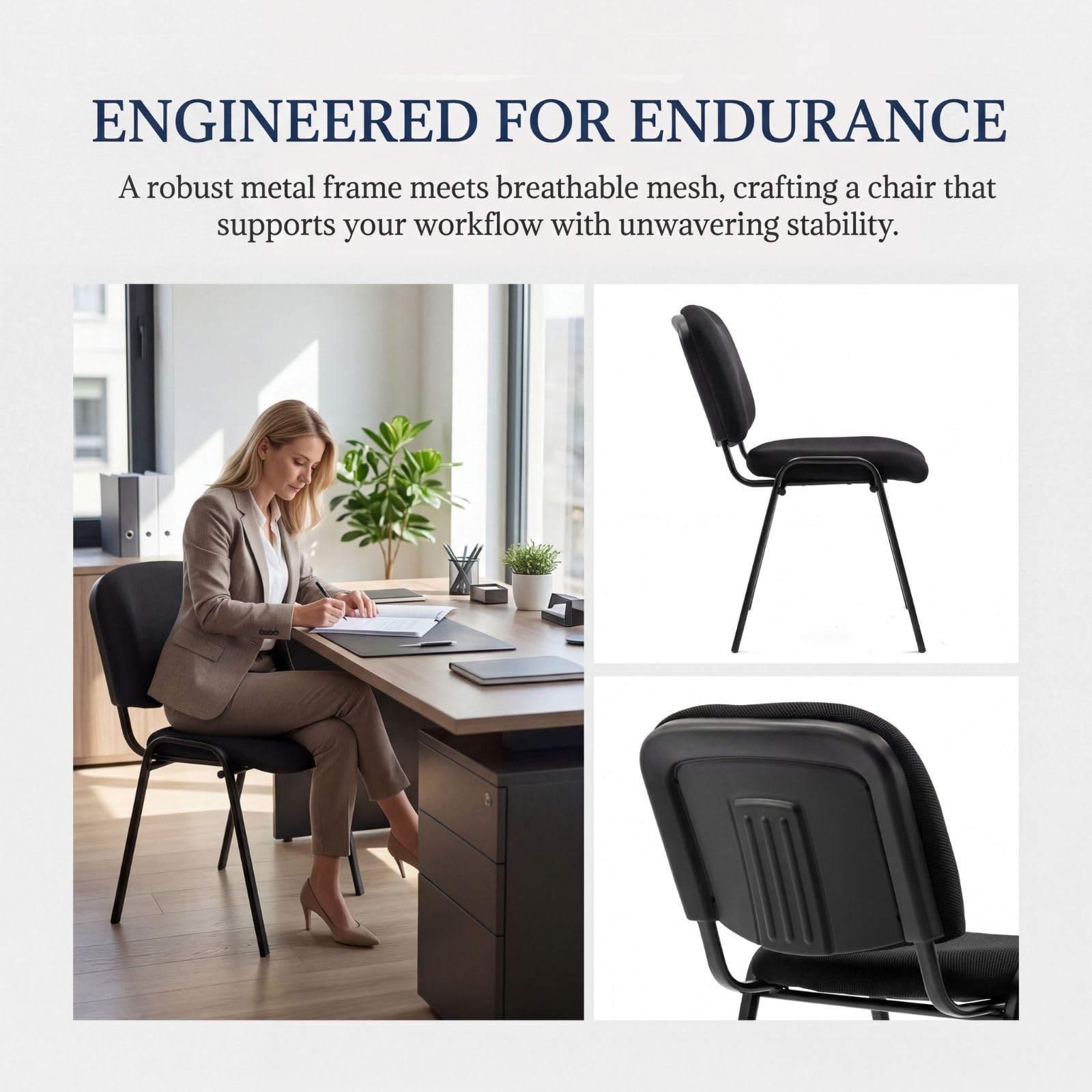 Set of 15, Black Mesh Fabric, Stackable Office Guest Chairs, Reception Waiting Room Chairs with Padded Seat & Back, Armless No Wheels Conference Chairs for Office Meeting Lobby