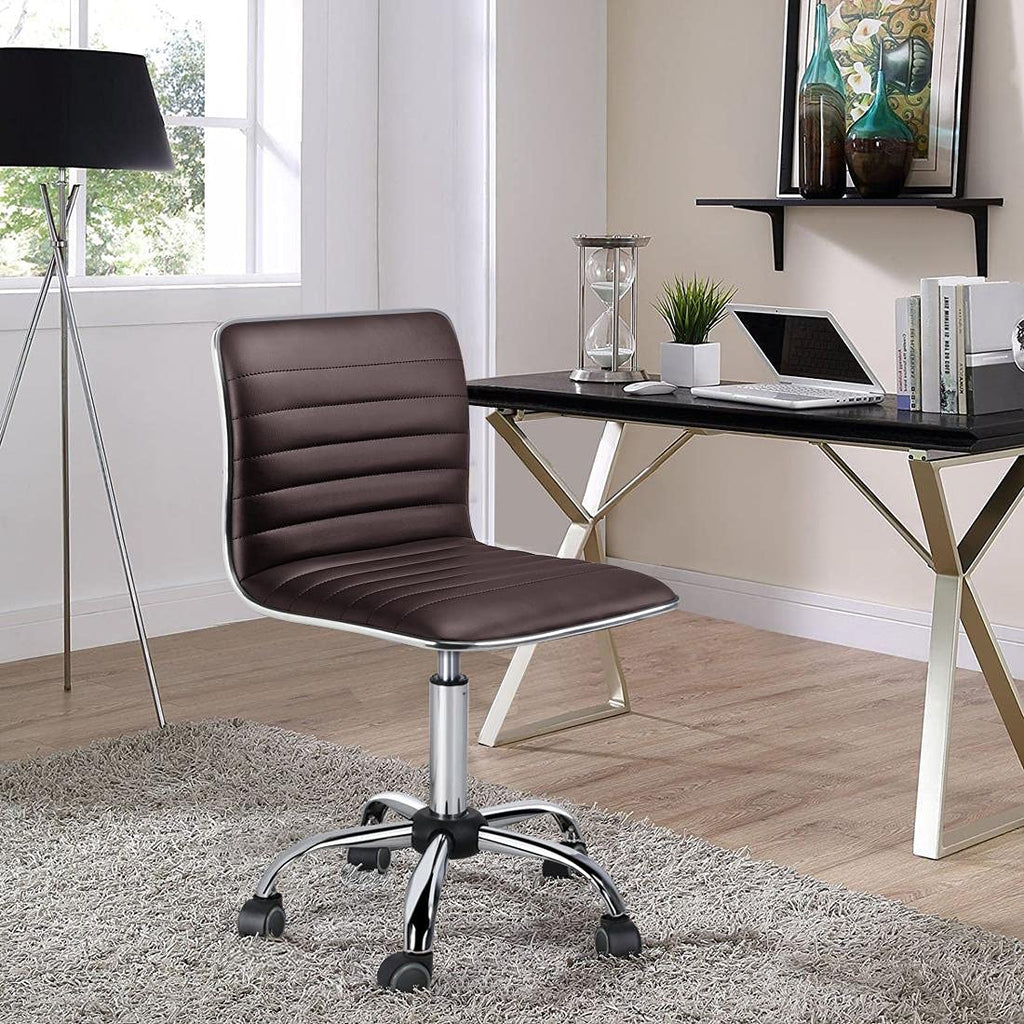 Modern PU Leather Ribbed Armless Working Office Chair Adjustable Low-Back Comfy Desk Task Chair w/Rolling Wheels, Brown