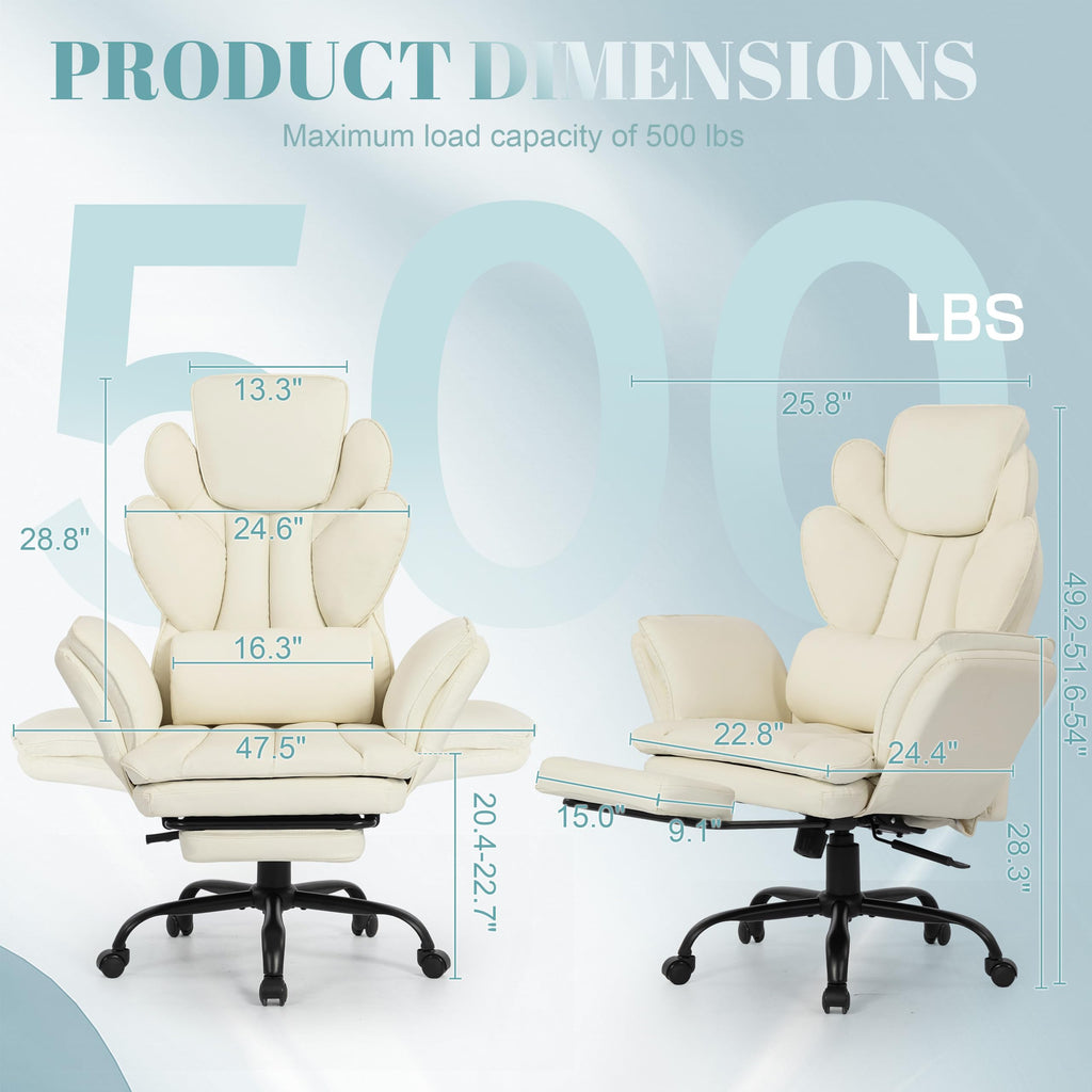 Flip Armrests Criss Cross Office Chair, Reclining Office Chair with Foot Rest, Adjustable Headrest, Massage Waist Pillow, Cross Legged Big and Tall Desk Chair Wide Seat Vanity Chair, PU Leather White