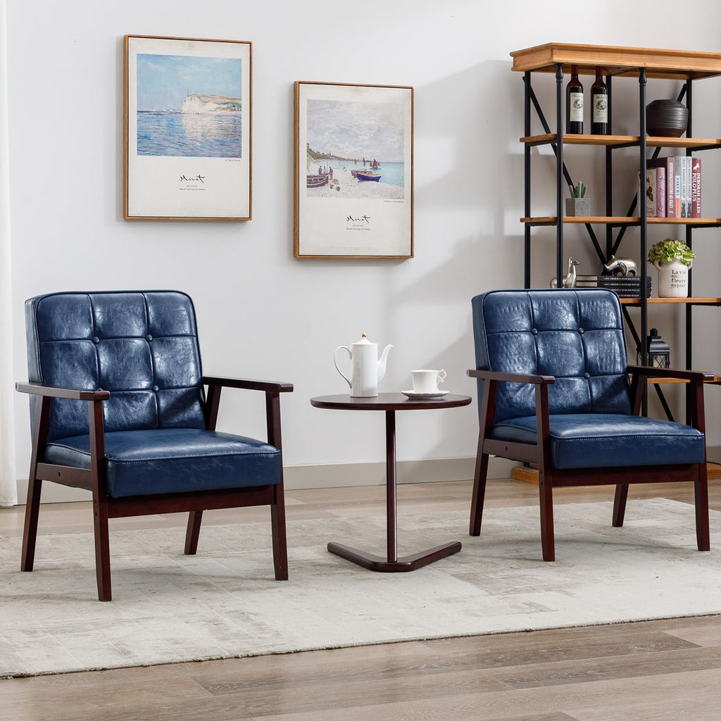 Accent Chairs Set of 2, Mid Century Modern Accent Chair, Retro Wood and Leather Armchairs Side Chair, Lounge Reading Comfy Arm Chair for Living Room, Bedroom, Office (Blue)