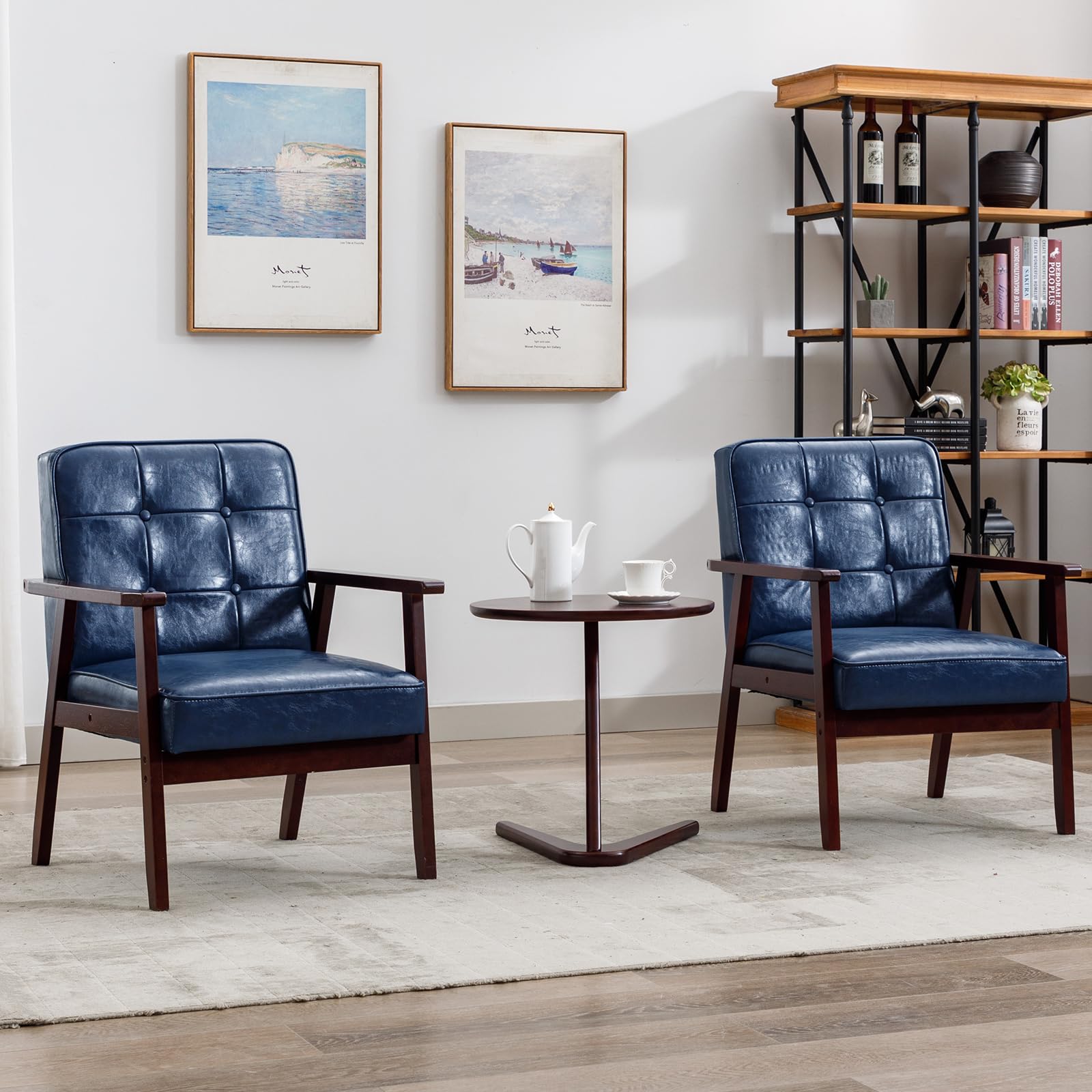 Accent Chairs Set of 2, Mid Century Modern Accent Chair, Retro Wood and Leather Armchairs Side Chair, Lounge Reading Comfy Arm Chair for Living Room, Bedroom, Office (Blue)