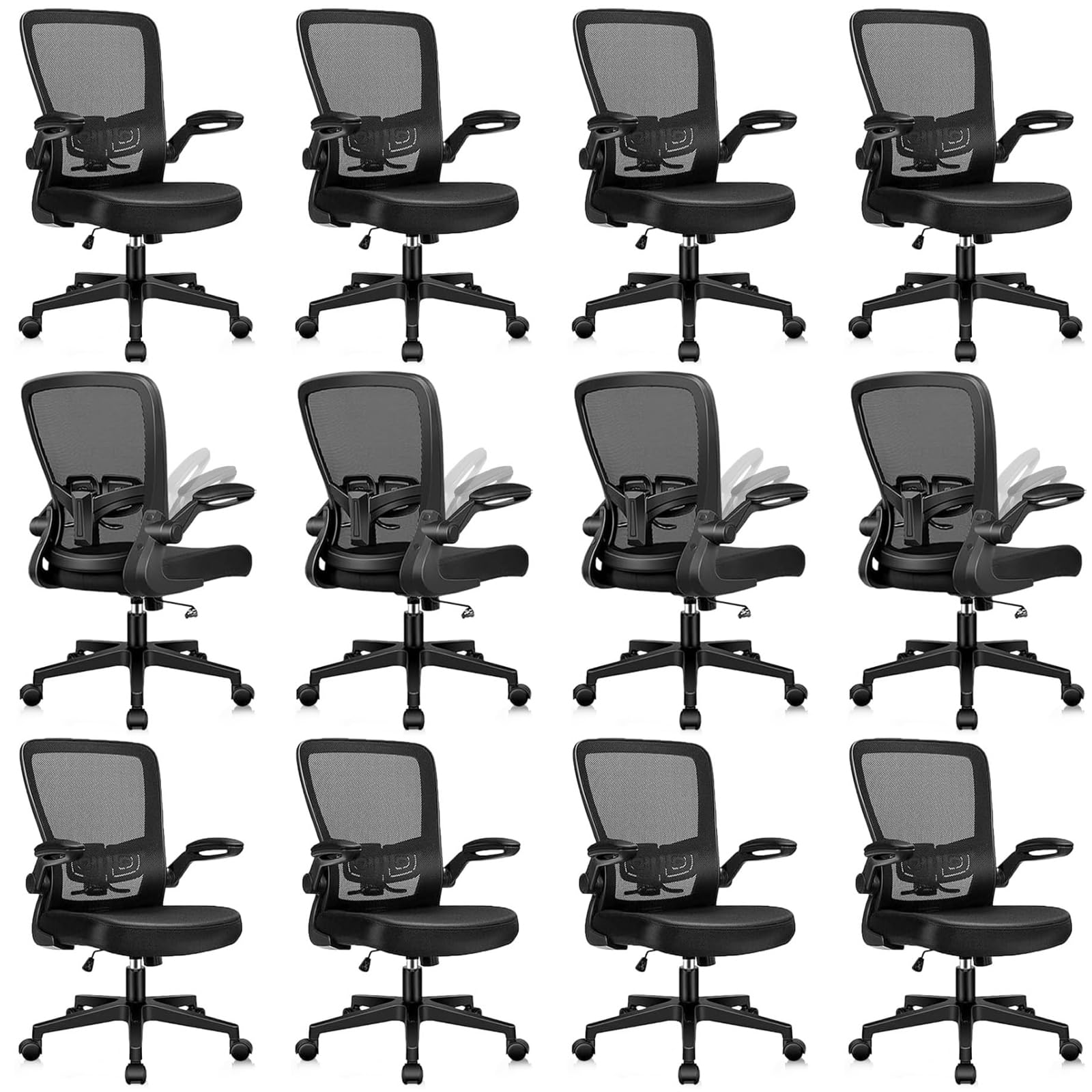 KLASIKA Office Desk Chairs with Wheels, Ergonomic Mesh Chair with Adjustable Height Lumbar Support, Rolling Swivel Computer Task Chair with Flip Up Armrests for Home, Study, Conference, Black (12PK)
