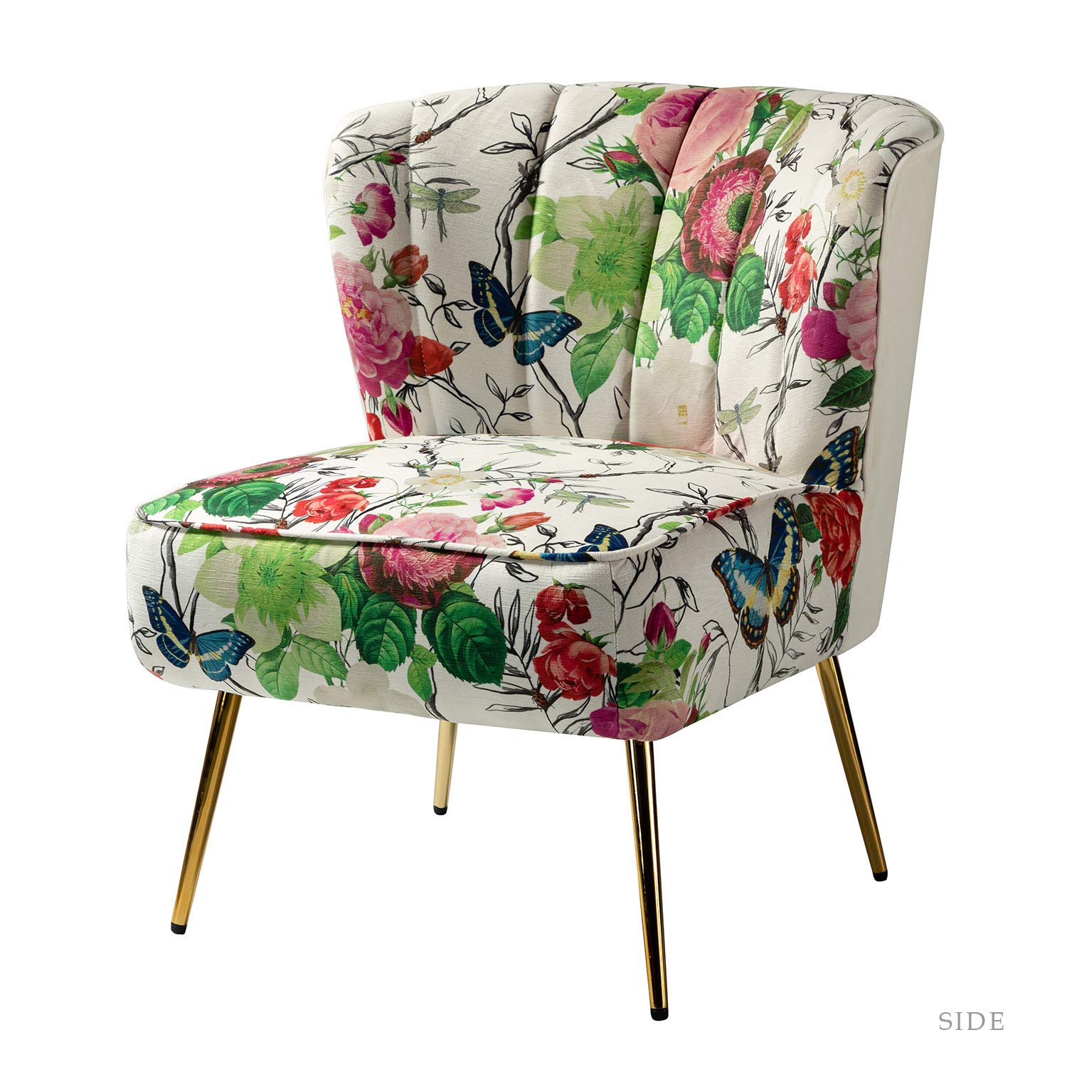 Armless Accent Chair with Gold Metal Legs, Comfy Tufted Floral Fabric Living Room Chair Wingback Small Side Chair, Upholstered Slipper Chair for Bedroom, Reading Room (Print Flower, IVORY)