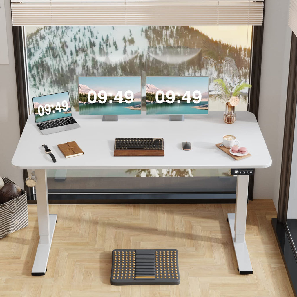 Electric Height Adjustable Standing Desk Large 55 x 24 Inches Sit Stand up Desk Home Office Computer Desk Memory Preset with T-Shaped Metal Bracket, White