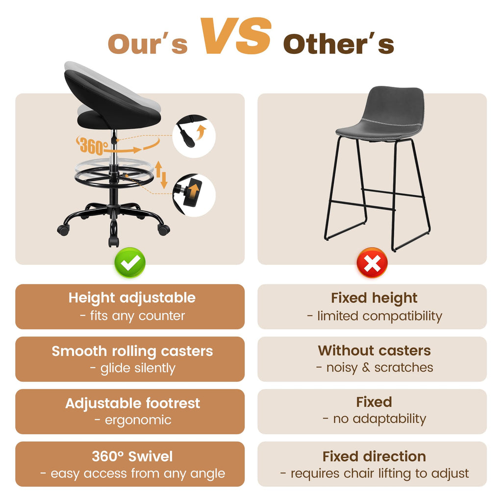 Black 2 Pack, Office Drafting Chair - Bar Stools with Back Support, Adjustable Foot Rest and Wheels, Shop Rolling Swivel Chair for Standing Desk Counter Kitchen Salon Home Vanity
