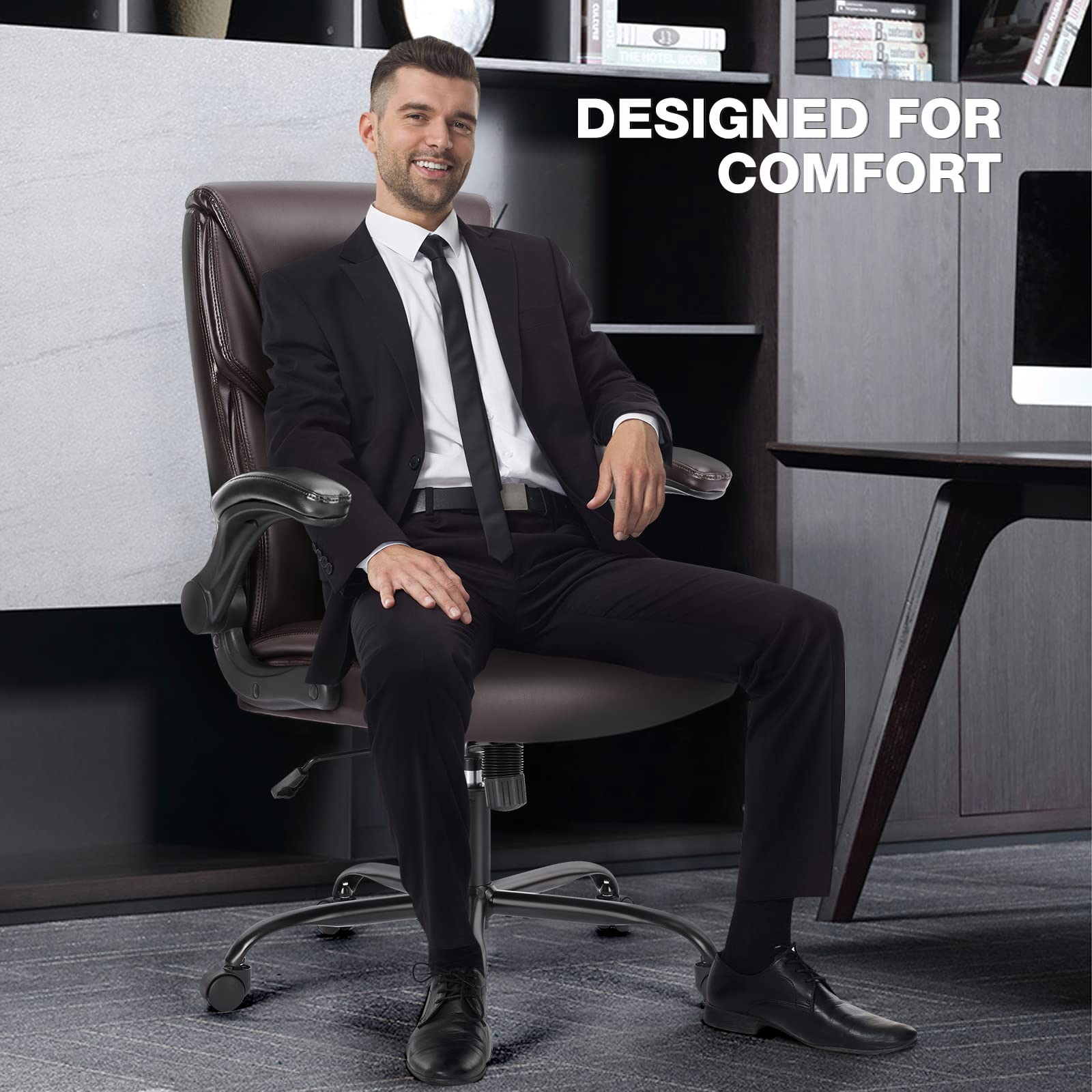 Ergonomic Office Chair, Heavy Duty 275lbs High Back Desk Chair, Flip-up Armrest PU Leather Swivel Rolling Chair with Wheels,Brown