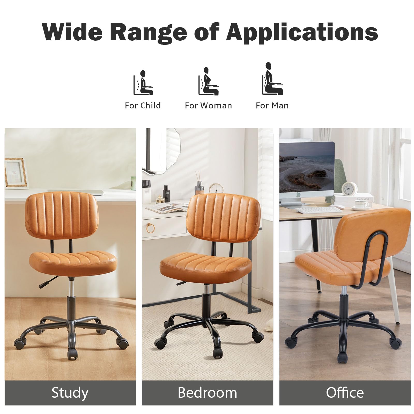Armless Office Chair: Small Desk Chair with Low Back Lumbar Support, Height Adjustable PU Leather Computer Task with 360° Swivel Wheels, for Adults, Brown