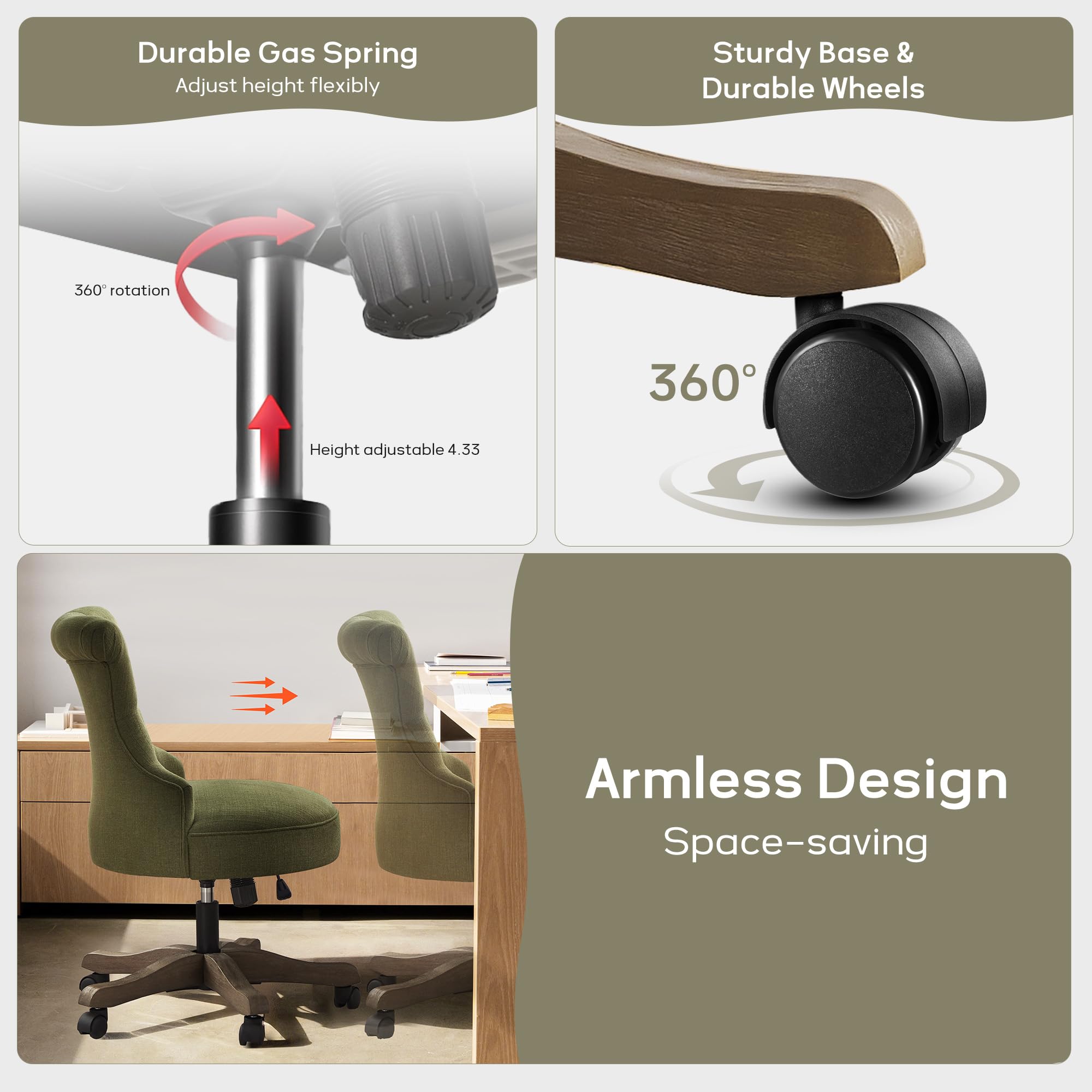 Home Office Chair Upholstered Armless Desk Chair with Wheels Adjustable Height Computer Desk Chair with Wooden Legs Comfortable Swivel Chair for Home Office Study Studio (Green)