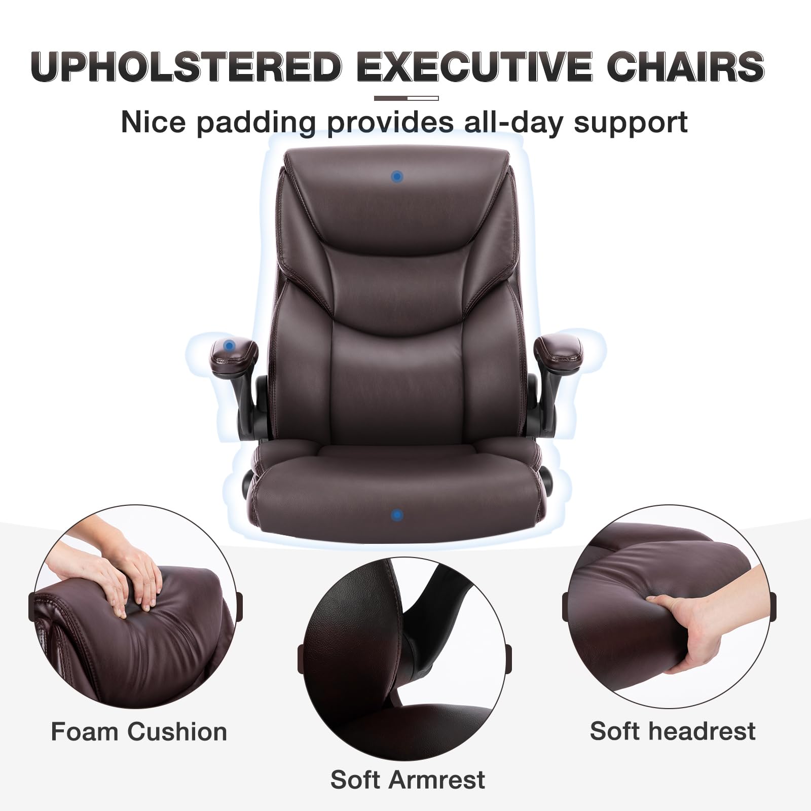 Ergonomic Office Chair, Heavy Duty 275lbs High Back Desk Chair, Flip-up Armrest PU Leather Swivel Rolling Chair with Wheels,Brown
