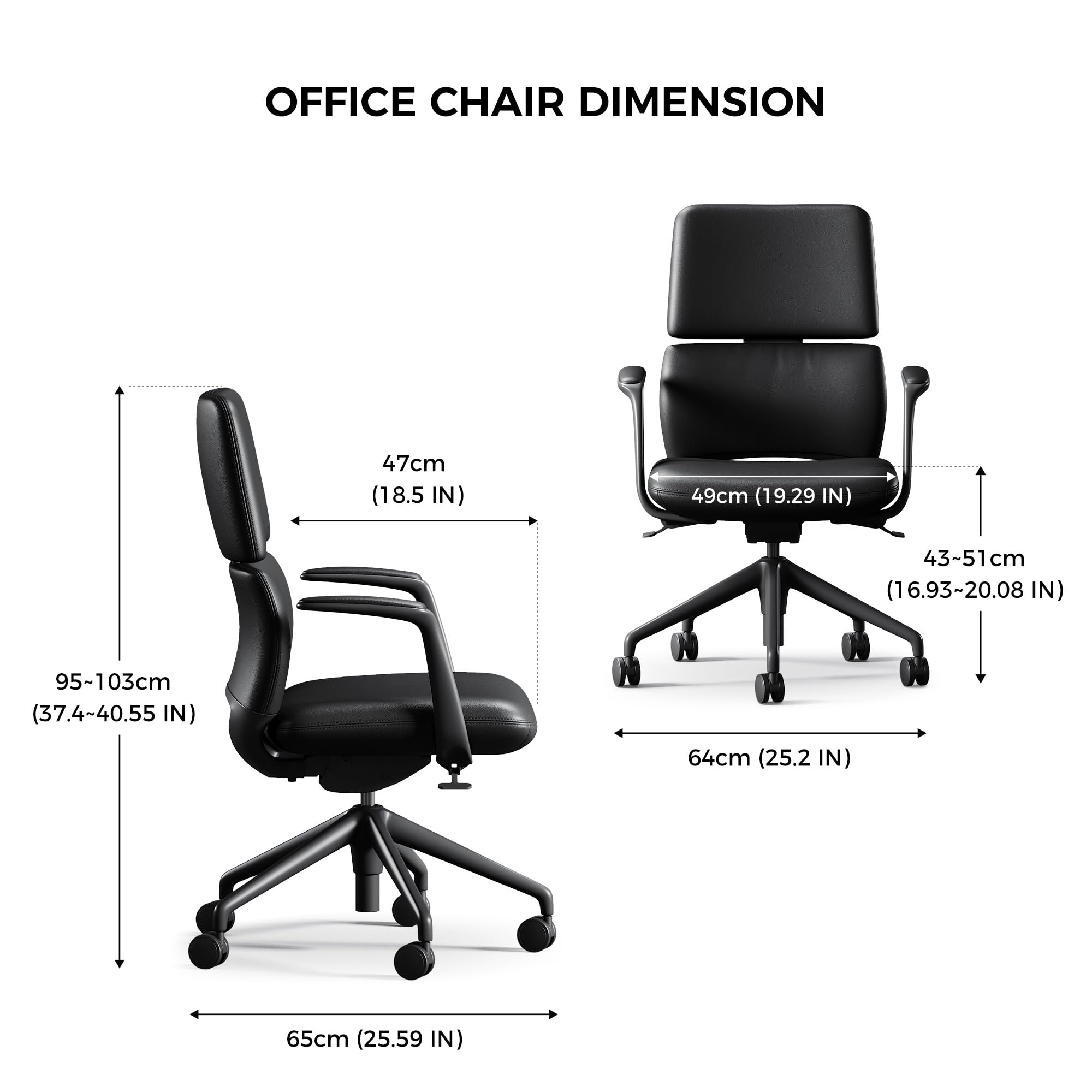 Genuine Leather Office Desk Chair with Wheels, Ergonomic Leather Executive Chair, Mid Back, Swivel Base with Adjustable Tilt, Modern Style, Luxury Aluminum Frame