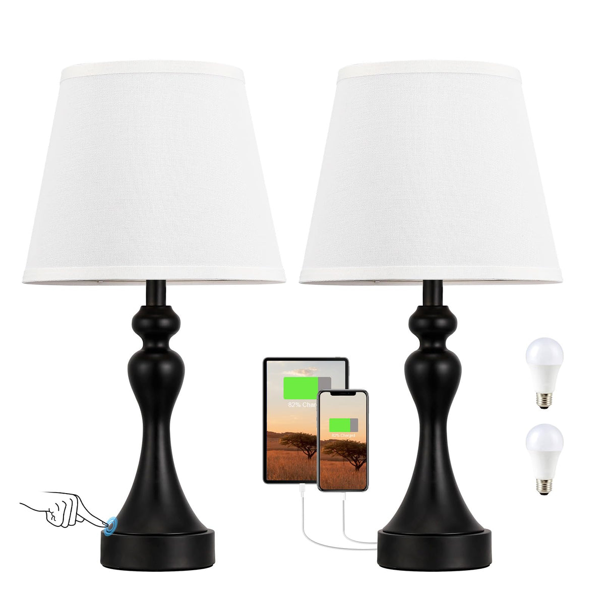 Touch Lamps for Nightstand, 3 Way Dimmable Bedside Lamps with USB C+A Ports