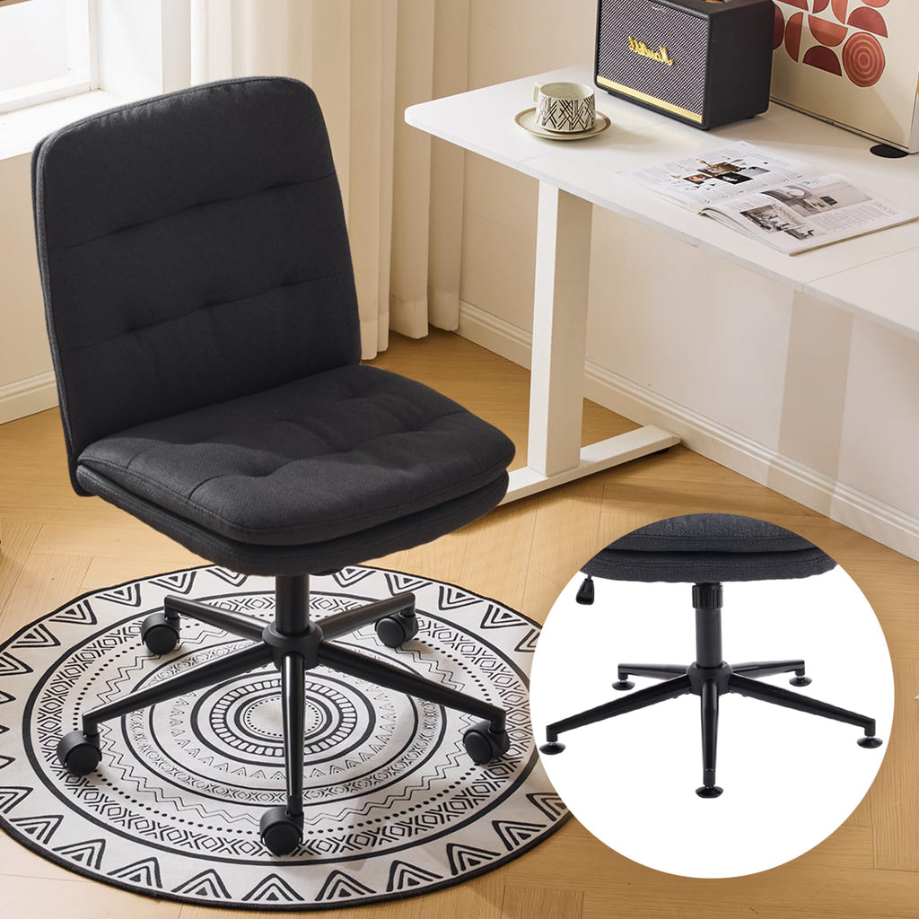 Mid Back Armless Office Desk Chair with Wheels/no Wheels,360°Rocking Swivel Vanity Chair with Thickened Cushion,Adjustable Height Rolling for Reading Room, Make up, Linen Black