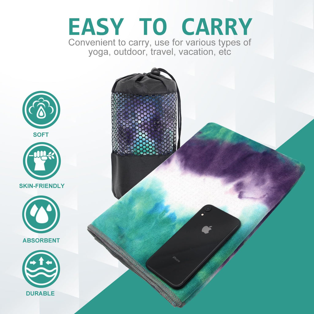 Yoga Towel,Hot Yoga Mat Towel with Grip Dots Sweat Absorbent Non-Slip for Hot Yoga, Pilates and Workout 24" x72", Green & Purple