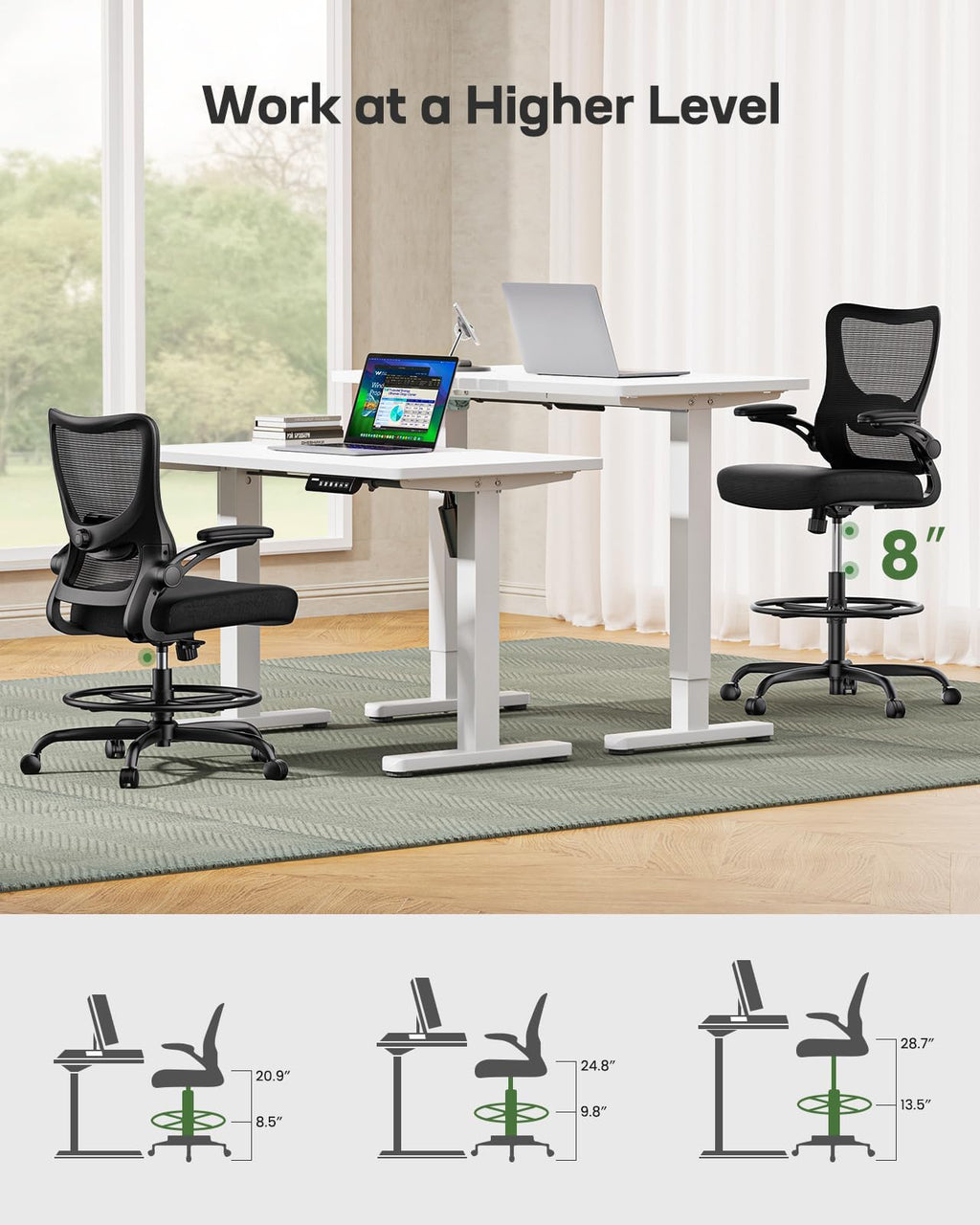 Drafting Chair, Tall Office Chair with 2D Lumbar Support, Standing Desk Chair,High Office Chair with Padded Flip-Up Armrests & Adjustable Footrest Ring, Ebony