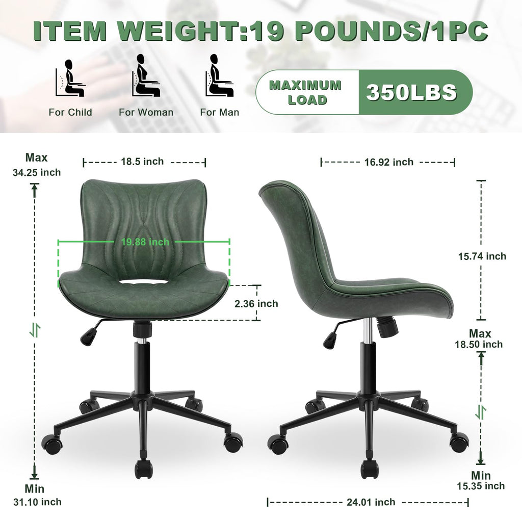 Armless Office Chair, Height Adjustable Desk Chair with Wheels, Ergonomic Comfy 360° Swivel Home Office Computer Task Chair, Faux Leather Padded Cute Vanity Chair,Green
