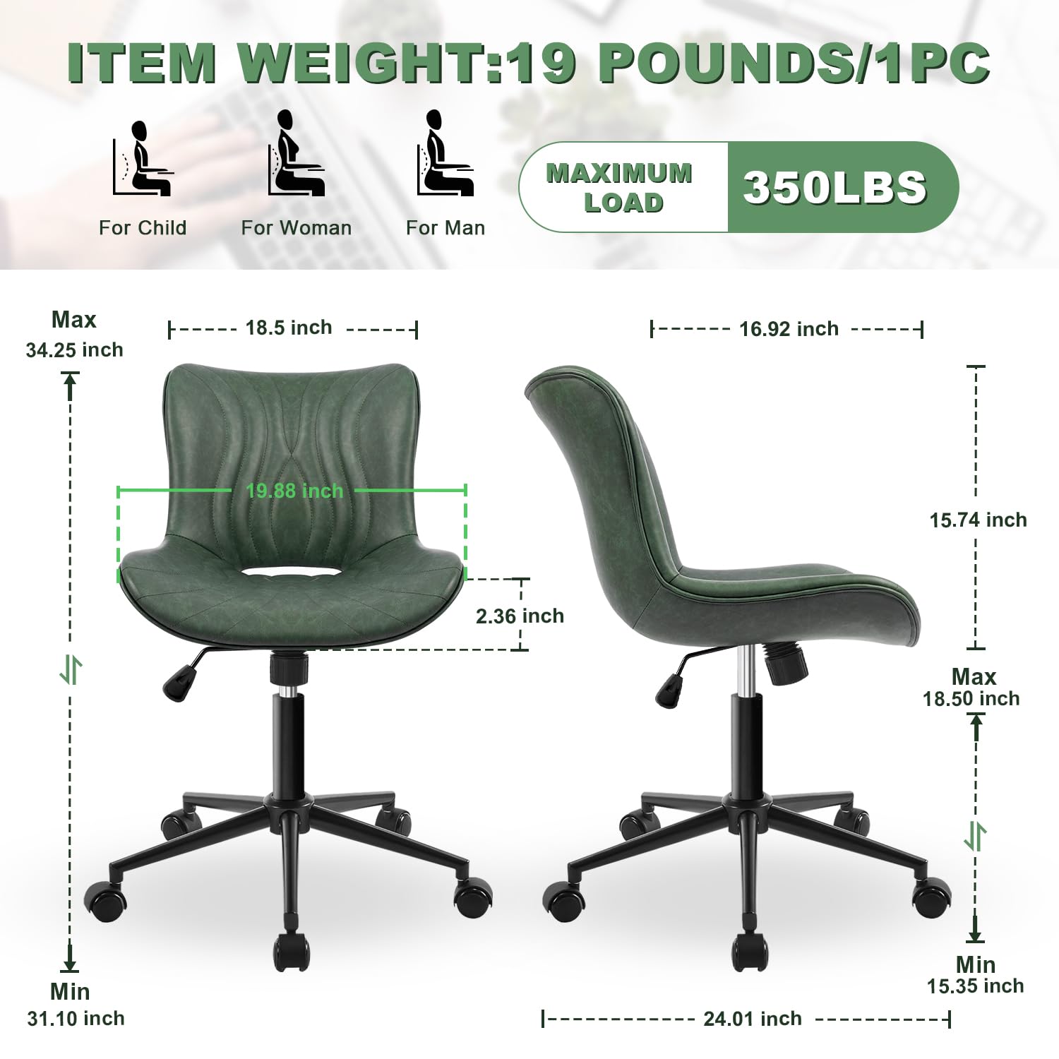 Armless Office Chair, Height Adjustable Desk Chair with Wheels, Ergonomic Comfy 360° Swivel Home Office Computer Task Chair, Faux Leather Padded Cute Vanity Chair,Green