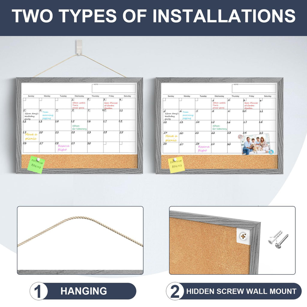 Calendar Whiteboard for Wall, 17x13 Inches Dry Erase Calendar Cork Board Combo, Magnetic Monthly White Board with Wood Framed, Hanging Dry Erase Board for Home Kitchen Office Planner Memo