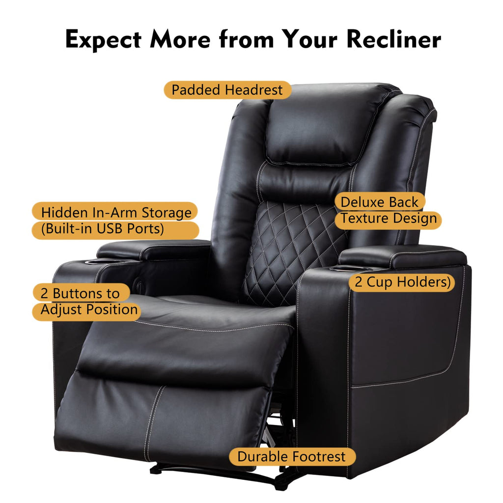 Electric Power Recliner Chair with USB Ports and Cup Holders, Breathable Leather Seating with Hidden Arm Storage (Black)