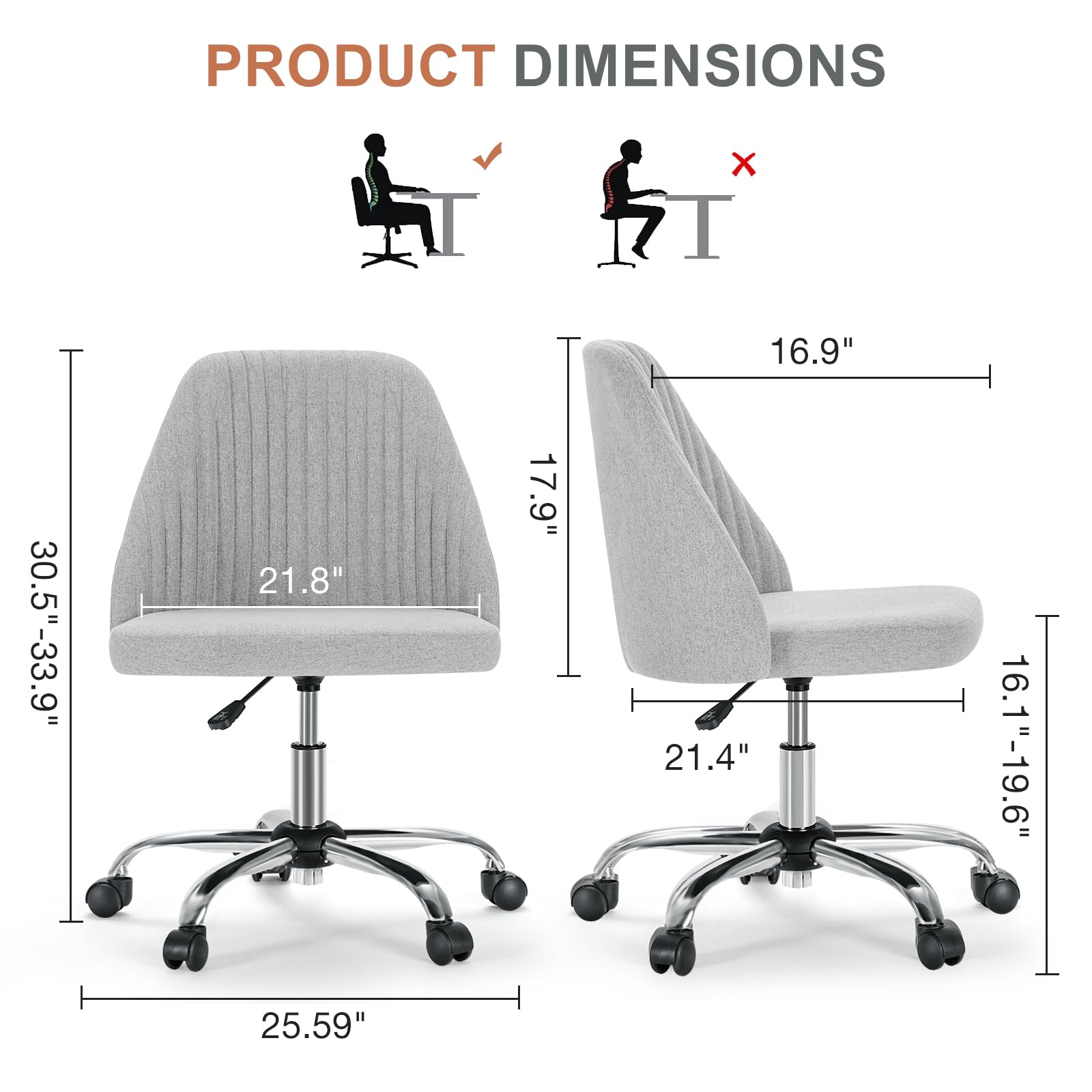 Office Chair, Comfy Desk Chair Rolling Vanity Swivel Task Chairs with Wheels, Wide Seating Armless Height Adjustable Computer Chairs for Home,Bedroom,Student,Adults, Classic Grey