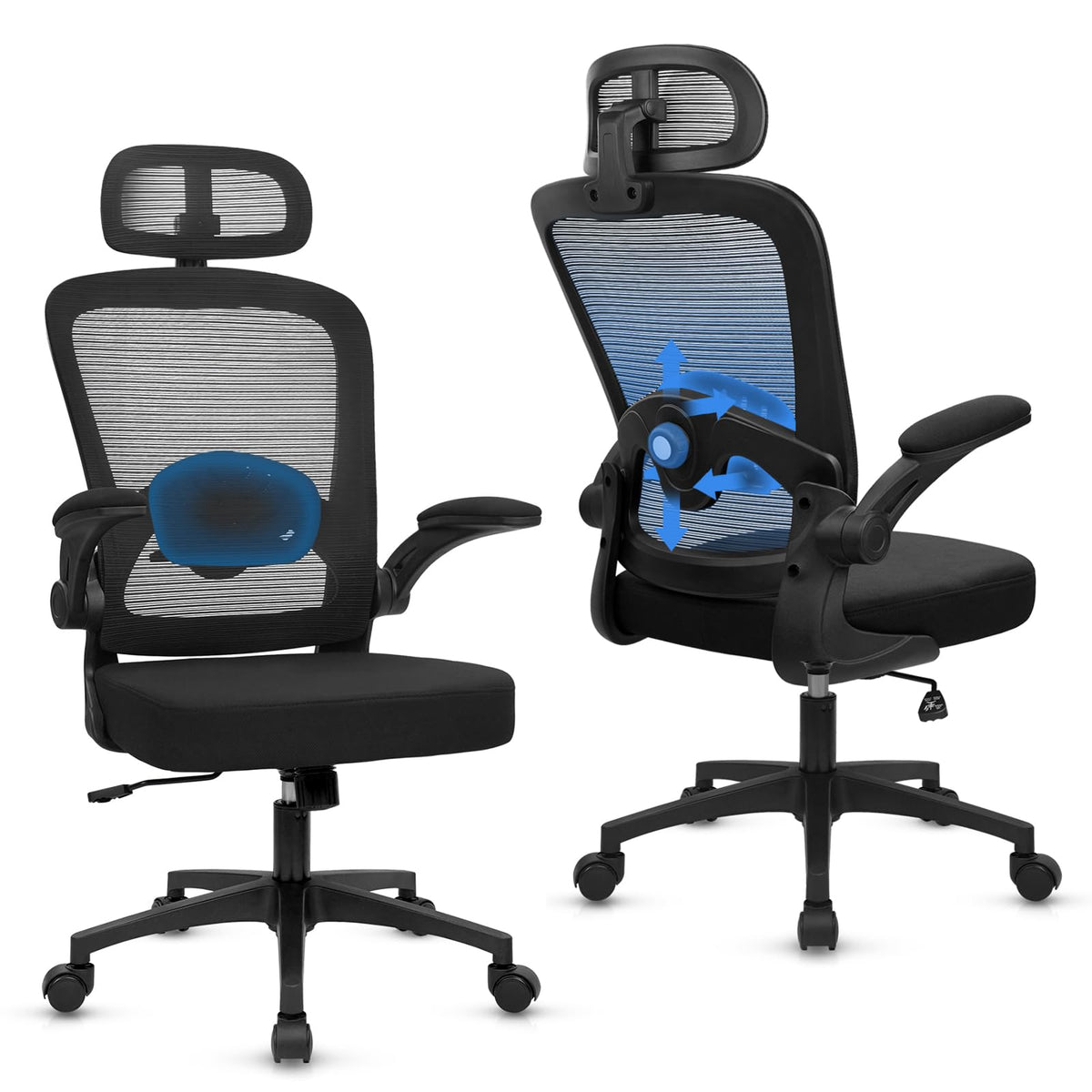 Desk Chairs with Wheels, Ergonomic Mesh Back Home Office Chair with Headrest, Adjustable Lumbar Support Swivel Rolling Computer Chairs with Flip Up Arms for Conference Meeting Room, Black, 2PK