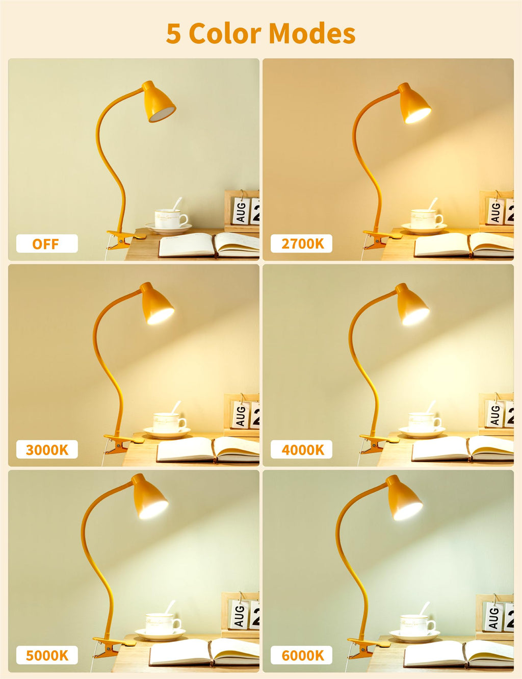 Clip on Light, Desk Lamp with Clamp, 5 Color 10 Brightness Yellow