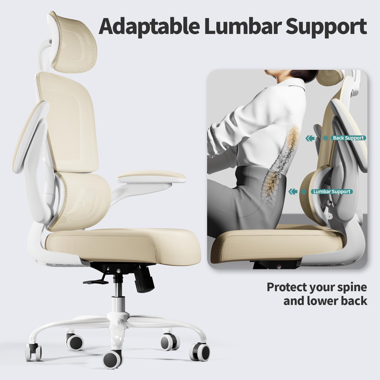 Office Chair Ergonomic Desk Chair, 330 LBS Home Mesh Office Desk Chairs with Wheels, Comfortable Gaming Chairs (Beige)