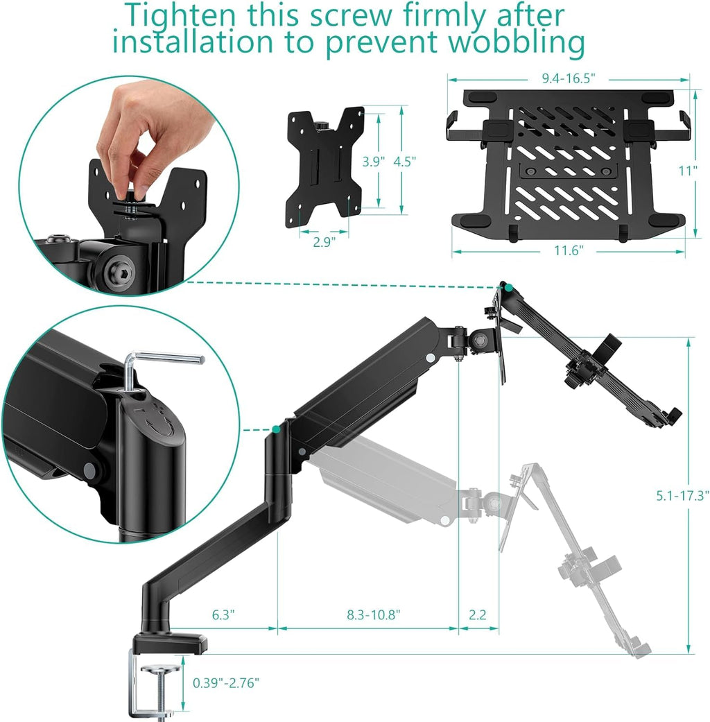 Single Arm Laptop and Monitor Desk Mount for 17" Notebook and Up to 32" Screen, 2-in-1 Adjustable Monitor Arm with Laptop Tray, VESA 75x75 100x100,Holds 22-26.4 lbs, Black