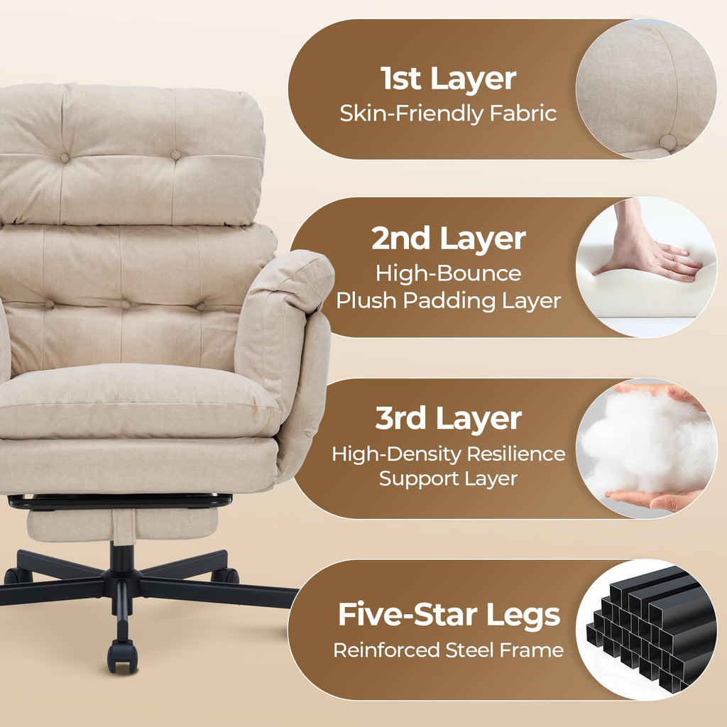 Criss Cross Office Chair with Foot Rest, Big and Tall Office Desk Chair with Flip Armrests for Pets & Cross Legged Sitting, Comfy Executive Ergonomic Reclining Computer Gaming Vanity Chair, Beige