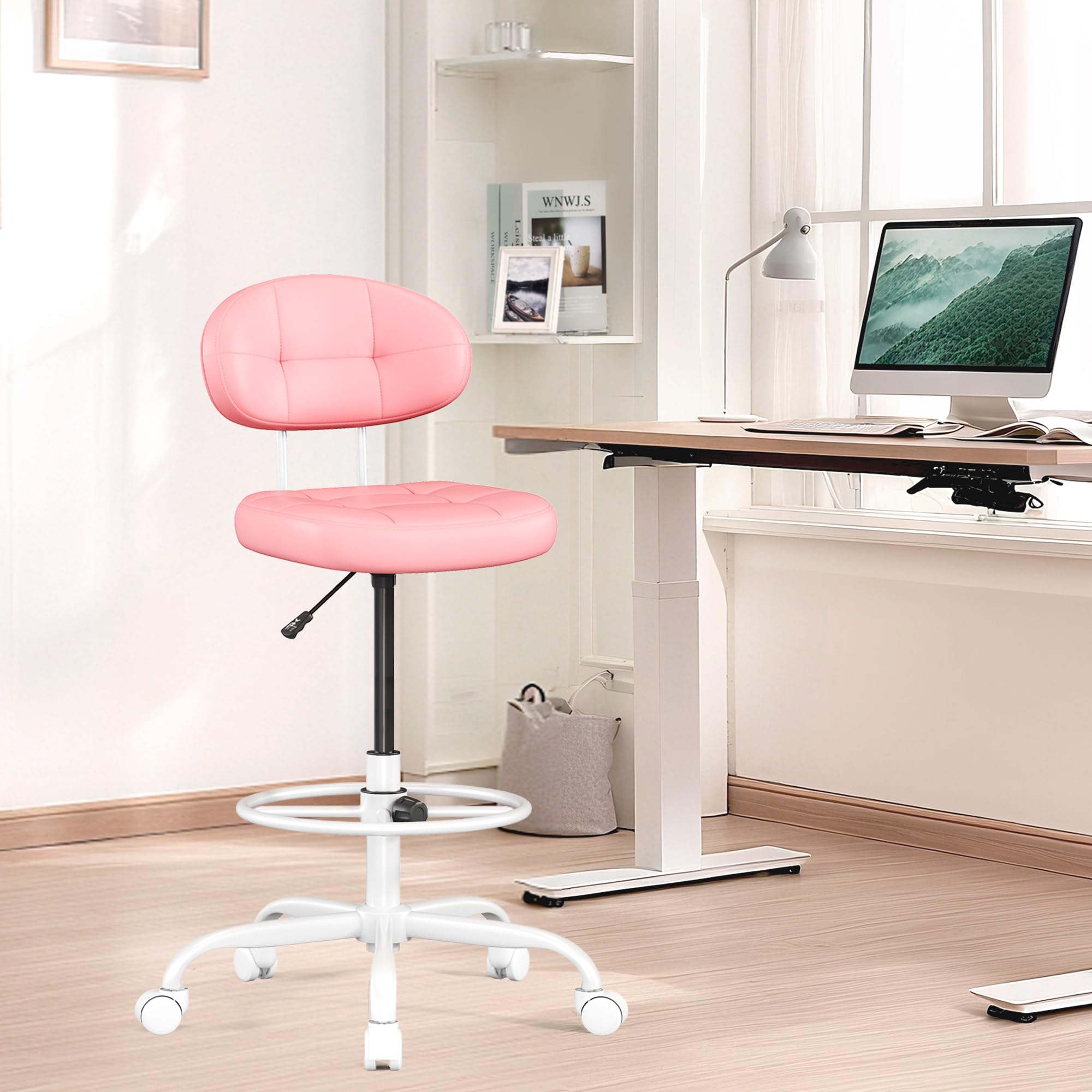 Drafting Chair, Armless Tall Office Chair with Footrest Ring for Standing Desk, Small Faux Leather Executive Computer Chair with Adjustable Height for Bar Lab Counter Height Desk, Pink