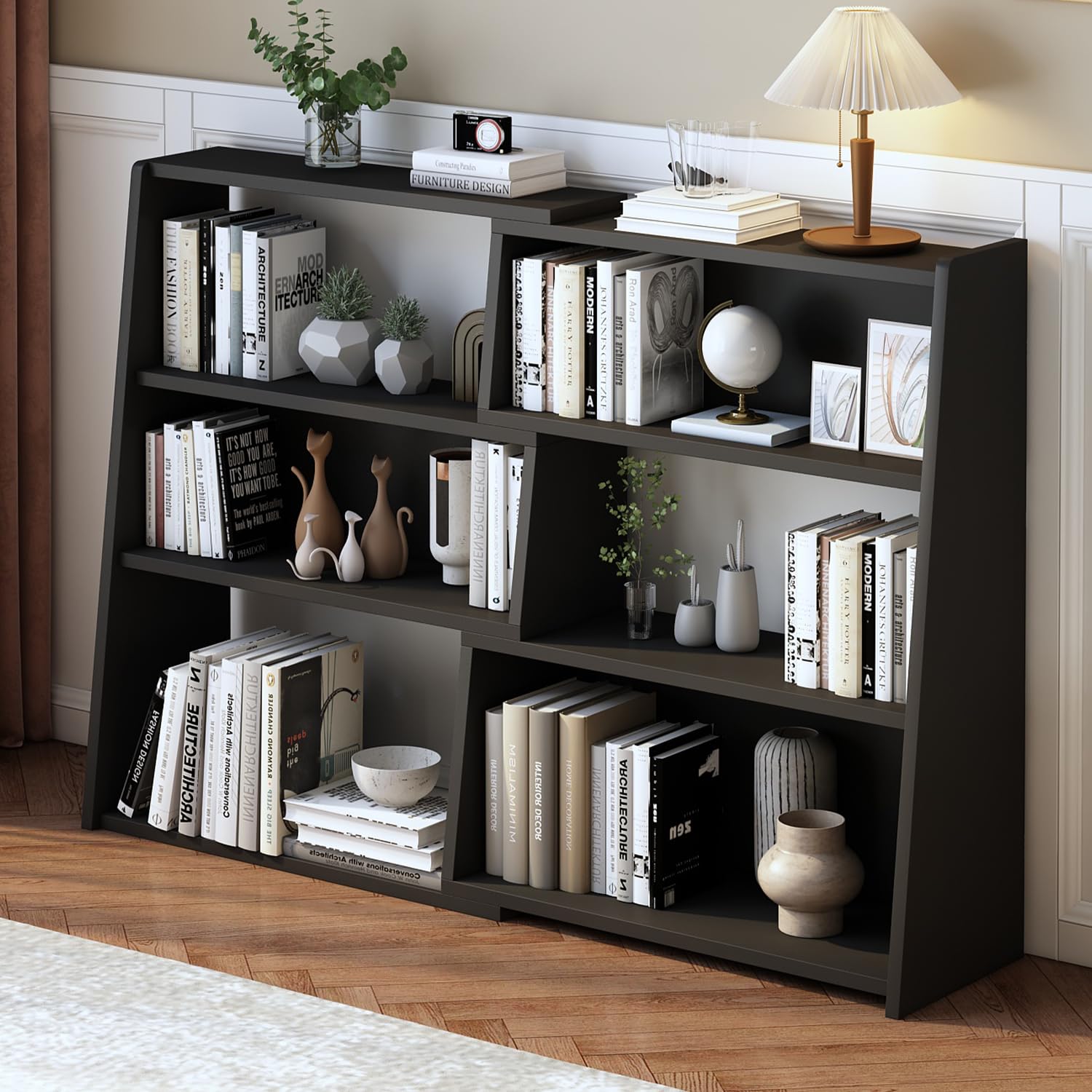 Wooden Extendable Shelf Bookcase, 3-Tier Low Bookshelf, Black, L