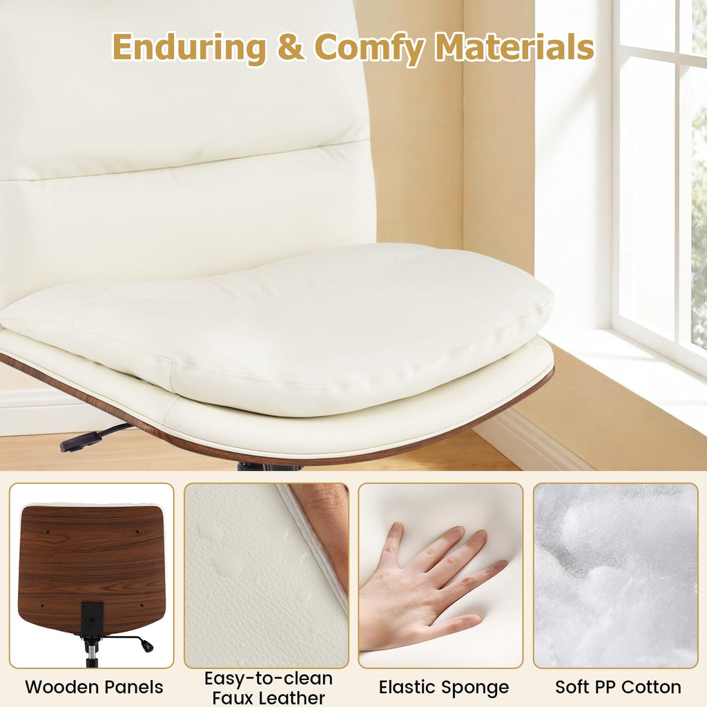 Armless Office Chair with Wheels, PU Leather Height Adjustable Vanity Chair w/Curved Backrest, Mid-Back Criss Cross 360° Swivel Ergonomic Computer Desk Chair for Home Office & Bedroom (White)