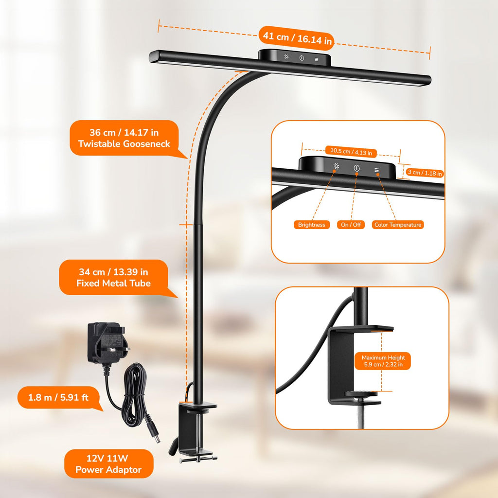 Led Desk Lamp for Office, Metal Architect Lamp with Clamp, 11W 650LM Eye-Caring Task Light, 25 Lighting Modes, Flexible Gooseneck for Monitor, Workbench, Drafting, Crafts, Reading, Black