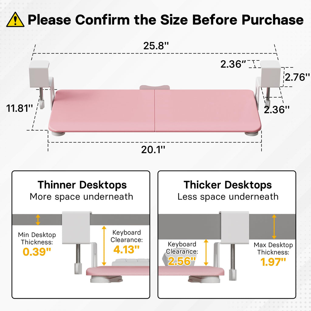 Under Desk Keyboard Tray, Pull-Out Keyboard & Mouse Platform with C-Clamp, 20 x 11.8 in Space-Saving Ergonomic Slide-Out Drawer, Pink