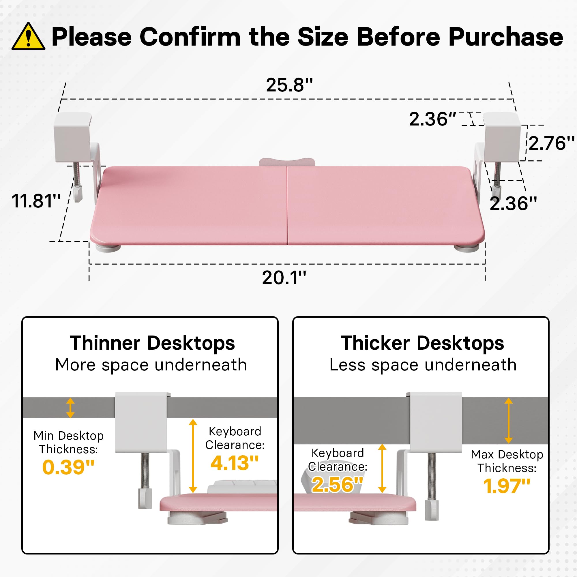 Under Desk Keyboard Tray, Pull-Out Keyboard & Mouse Platform with C-Clamp, 20 x 11.8 in Space-Saving Ergonomic Slide-Out Drawer, Pink