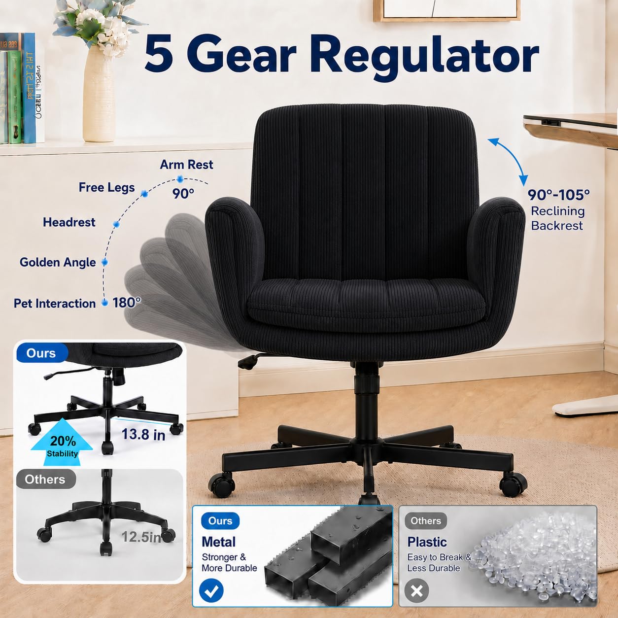 Criss Cross Office Chair with Wheels and Arms, Vanity Chair with Back, Comfy Swivel Cross Legged Office Chairs for Ultimate Comfort and Support, Unique Multifunctional Stylish Arms (Corduroy Black)
