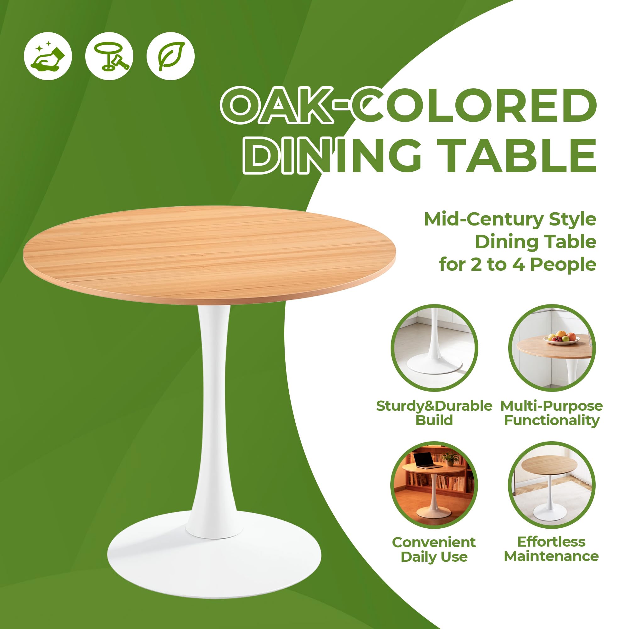 Round Tulip Dining Table, 31.5" Circle Tulip Table with Thickened Tabletop & Metal Pedestal, Mid Century Modern Bistro Table for Kitchen, Small Places, Living Room